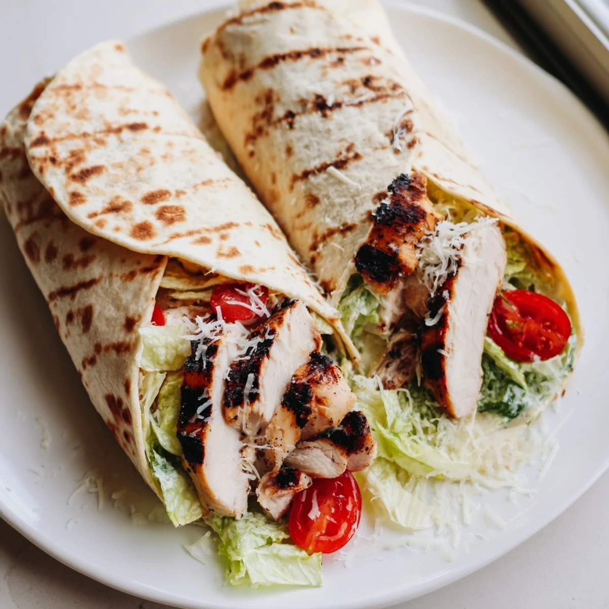 Freshly grilled chicken strips and shaved Parmesan fill a warm flour tortilla with chopped romaine in this Chicken Caesar Wrap.