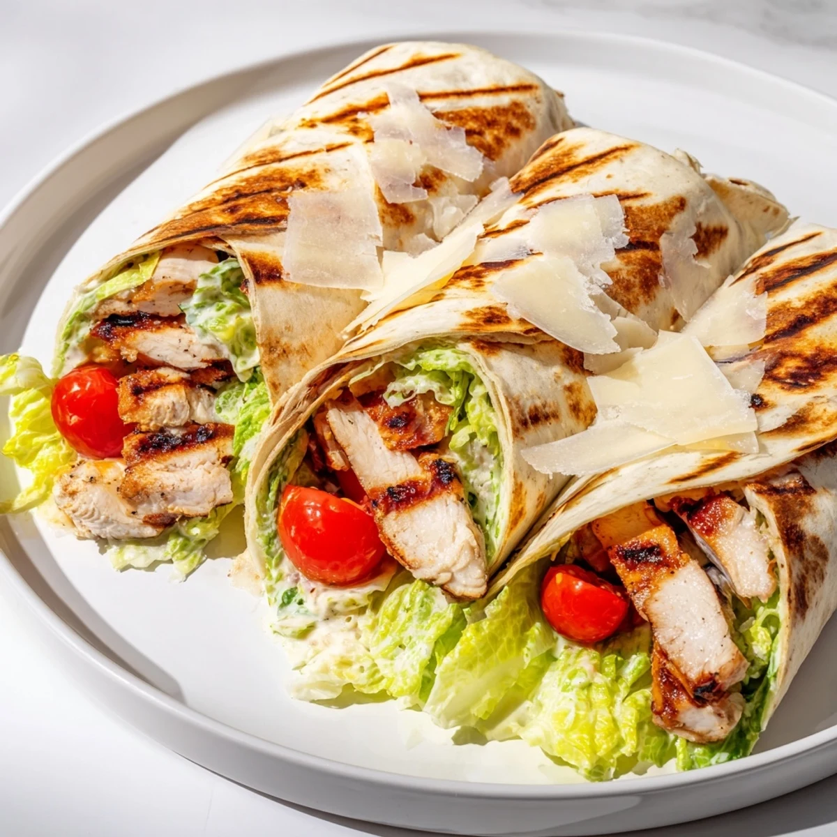 Lunchbox-ready Chicken Caesar Wrap stuffed with crisp romaine, halved cherry tomatoes, and generous shavings of savory Parmesan cheese.