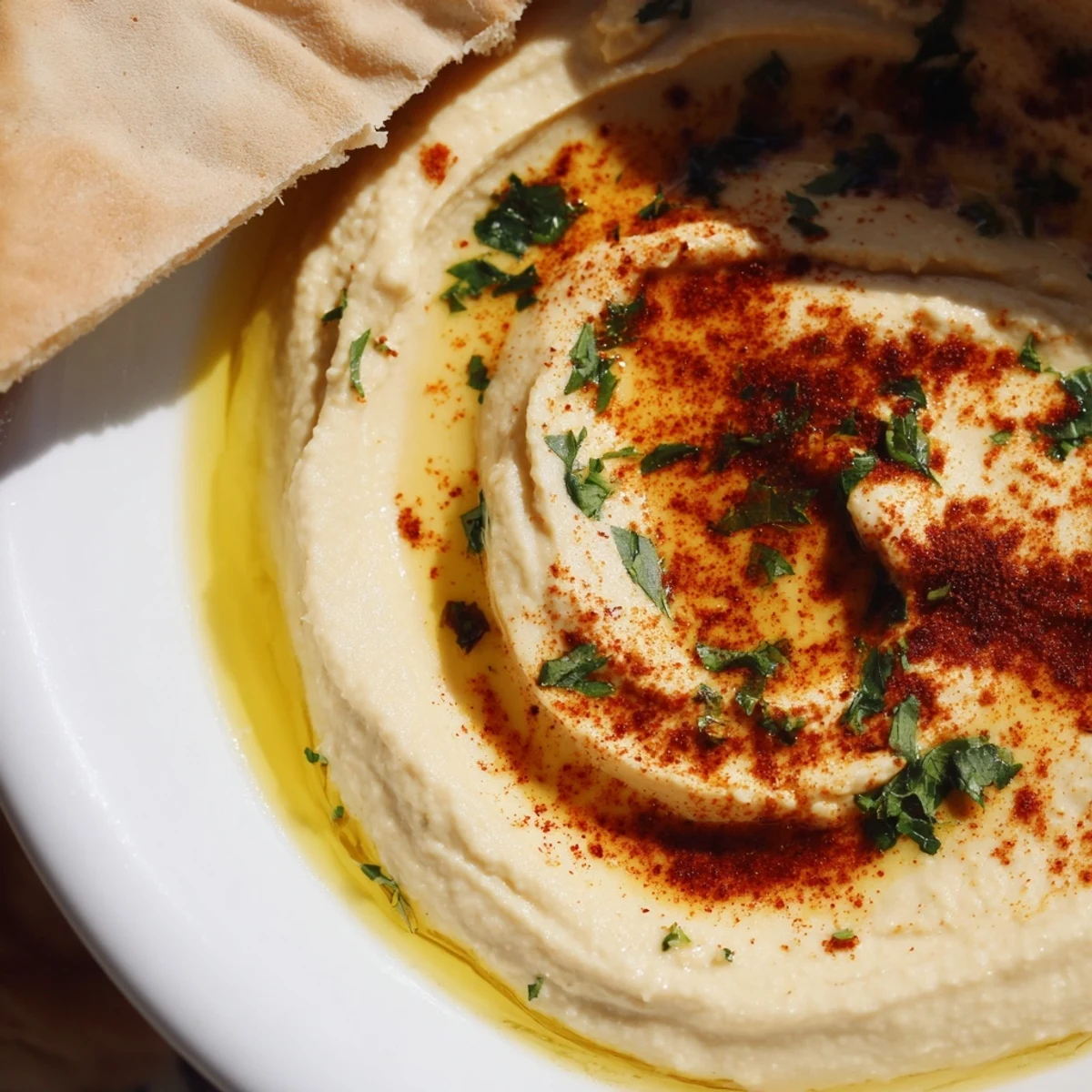Mediterranean Hummus Platter topped with smoked paprika and parsley, surrounded by cherry tomatoes, carrots, and olives.