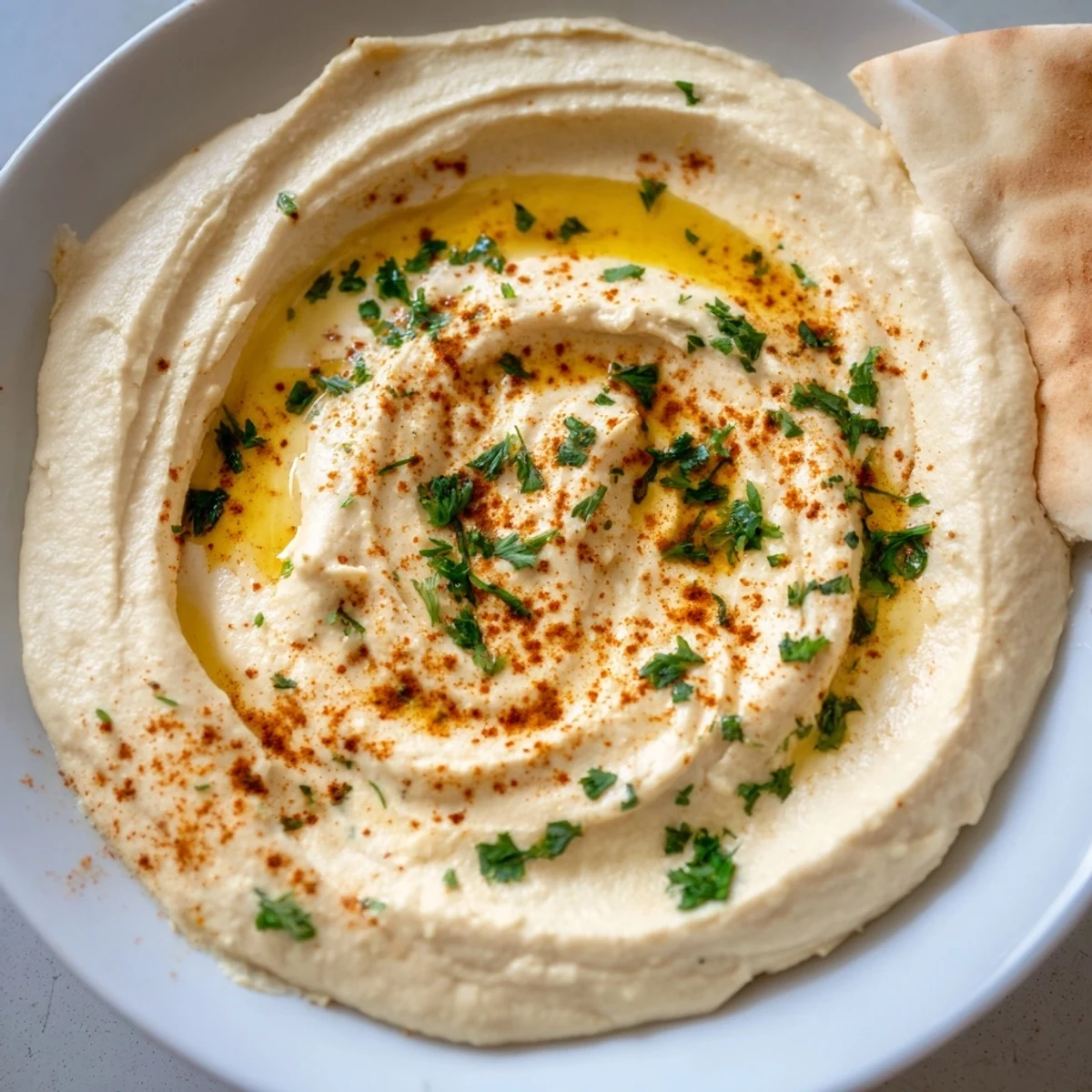 A generous Mediterranean Hummus Platter served with pita bread, radish slices, and fresh sugar snap peas.