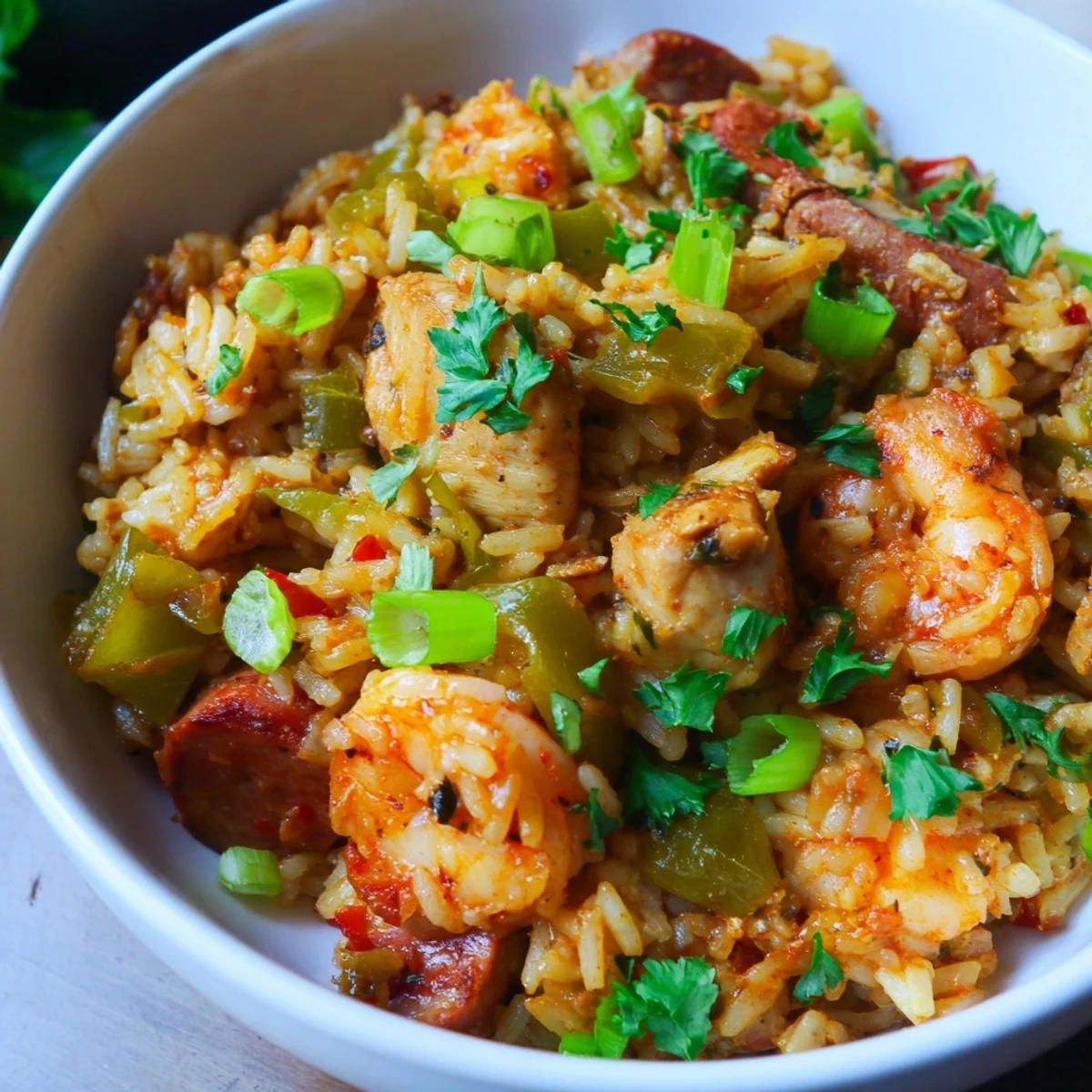 Hearty Jambalaya with Chicken and Shrimp is garnished with fresh parsley and spring onions, served with lemon wedges on a rustic kitchen table.  
