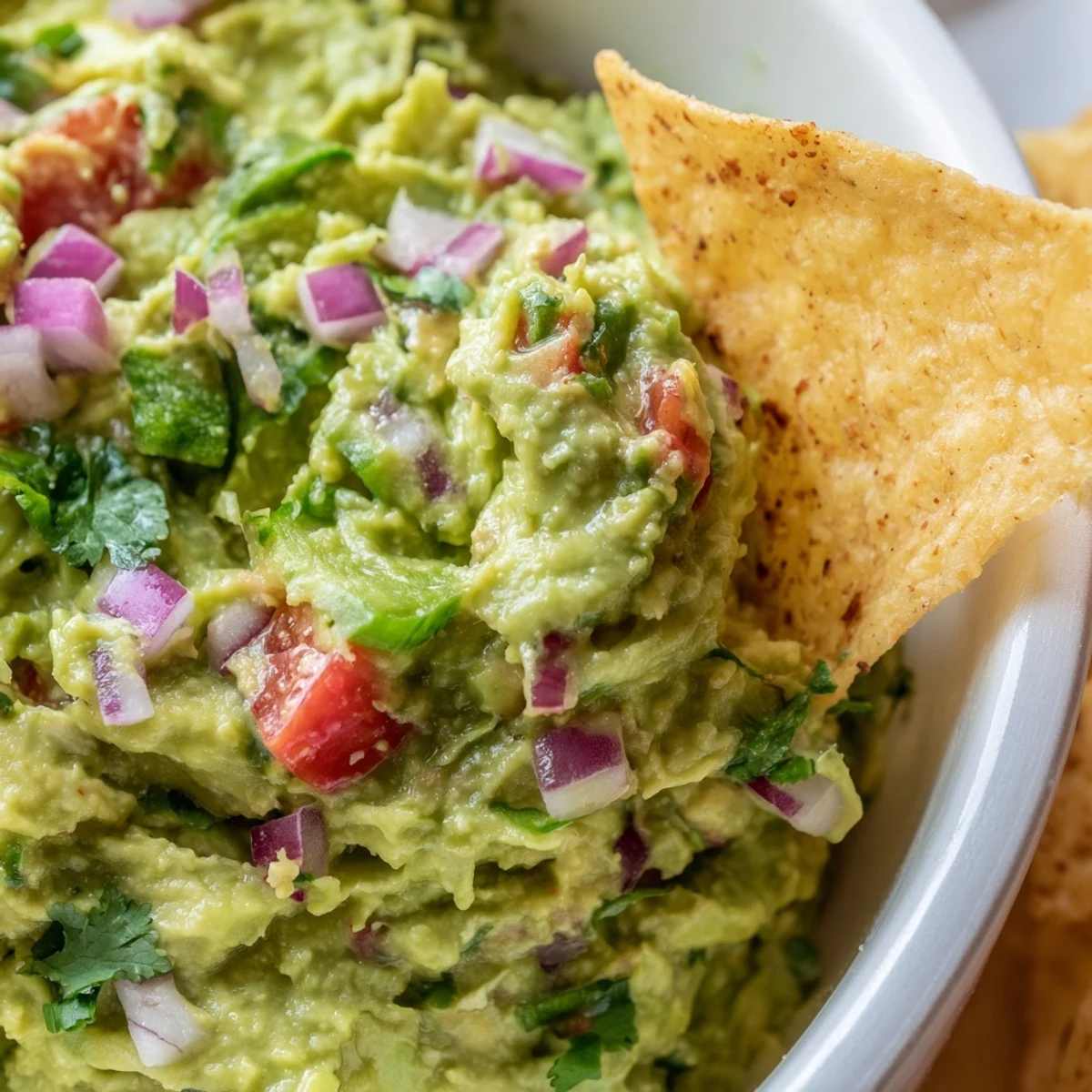 A close-up view shows creamy avocado chunks and diced tomatoes in Big Game Guacamole, ready for dipping.
