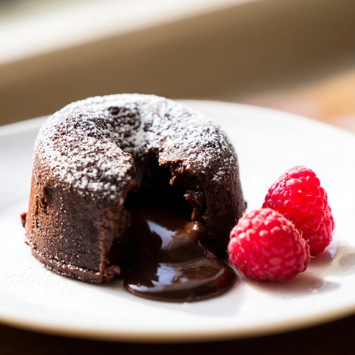 Golden-brown Sweetheart Chocolate Lava Cakes sit on a white plate with a dollop of fresh whipped cream and raspberries.  