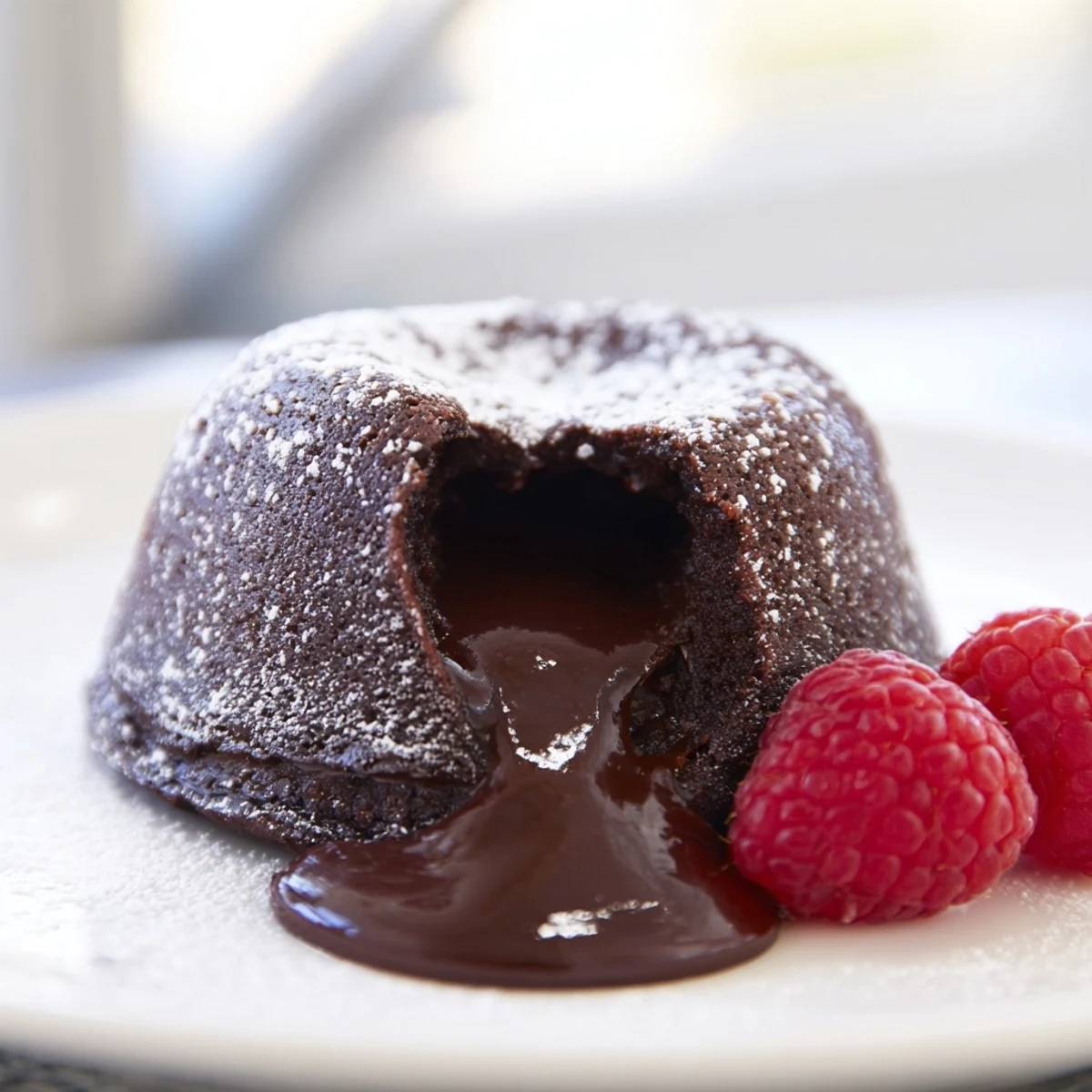 Freshly baked Sweetheart Chocolate Lava Cakes release a rich, molten chocolate center onto the plate.  