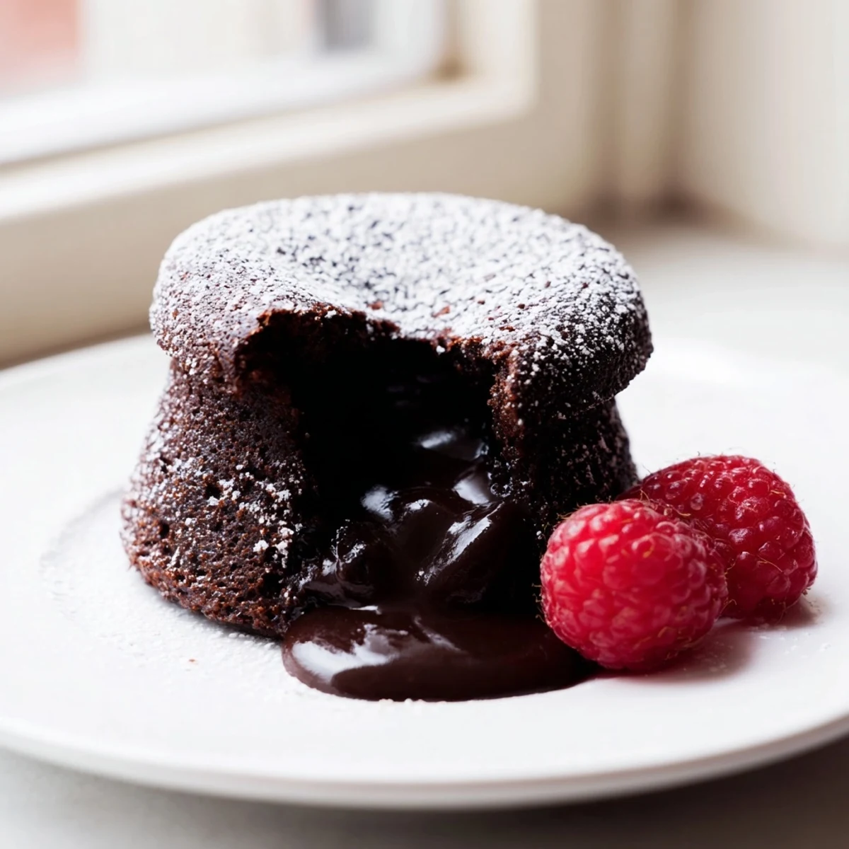 Four warm Sweetheart Chocolate Lava Cakes are plated with powdered sugar, ready for a romantic dessert.