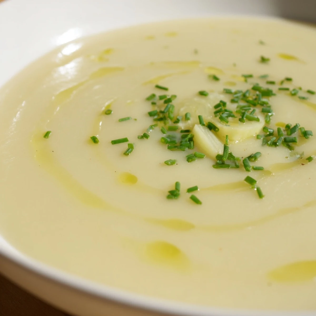 Creamy Irish Potato Leek Soup topped with chives in a rustic bowl.  