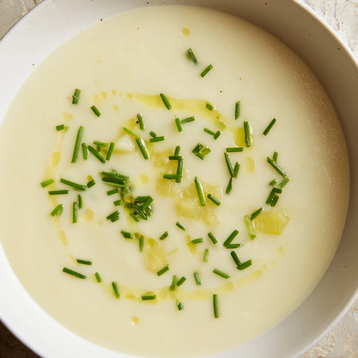 Hearty Irish Potato Leek Soup with Chives served beside crusty bread.