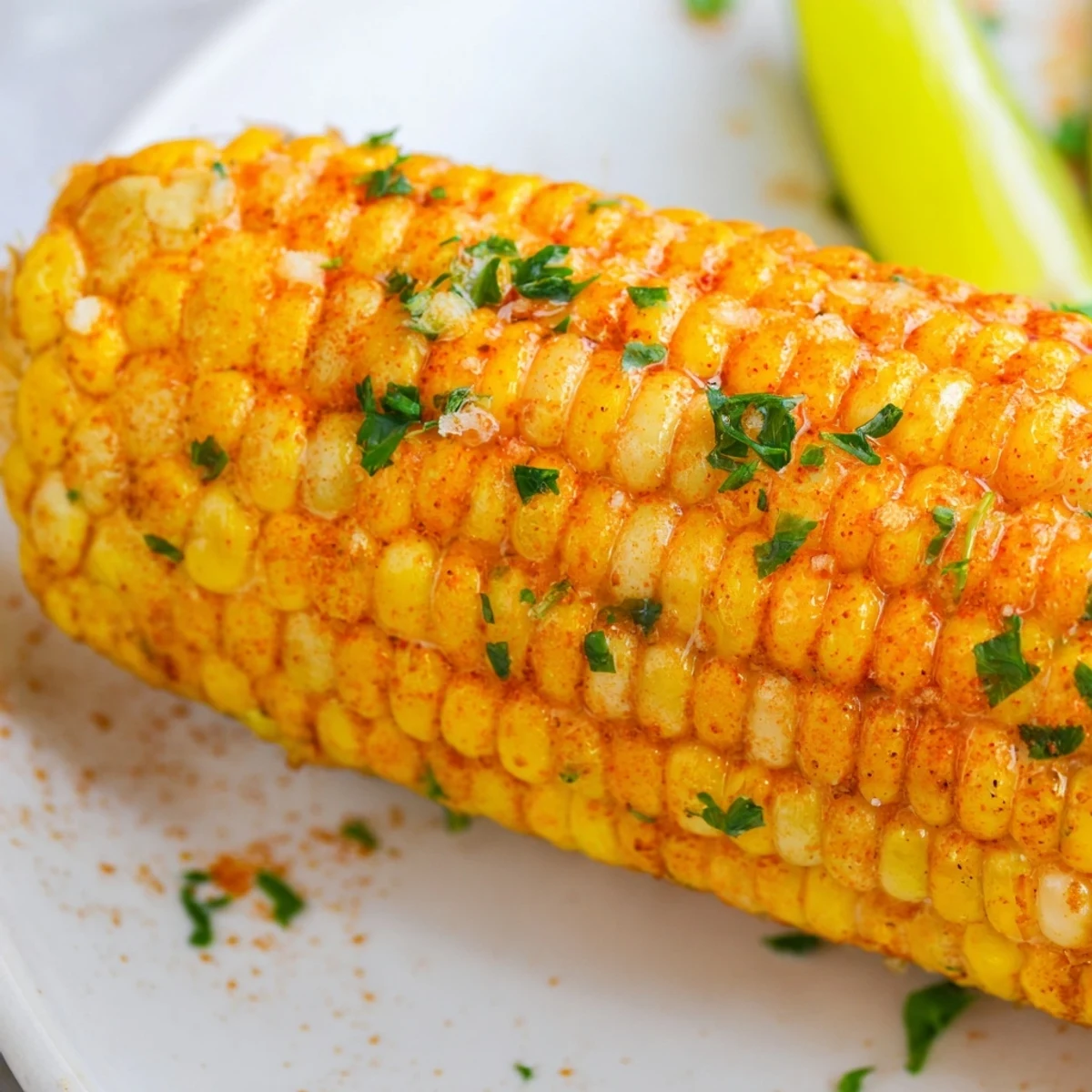 Sizzling Cajun Spiced Roasted Corn on the Cob rests on a grill, sprinkled with fresh herbs and ready to serve.