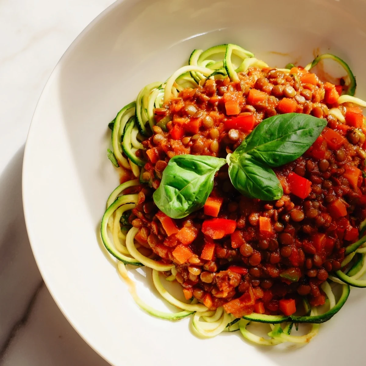 Vegan Lentil Bolognese with Zucchini Noodles topped with fresh basil garnish on a white plate.