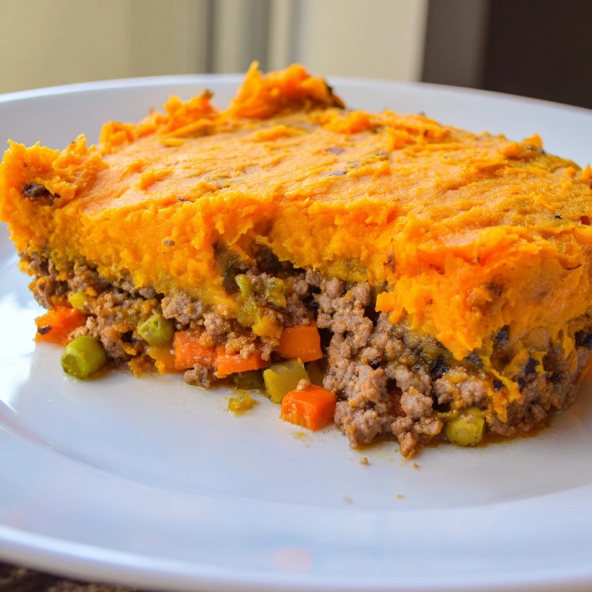 Savory Sweet Potato Shepherds Pie bubbling from the oven, golden mashed sweet potatoes topping a rich beef and vegetable filling.