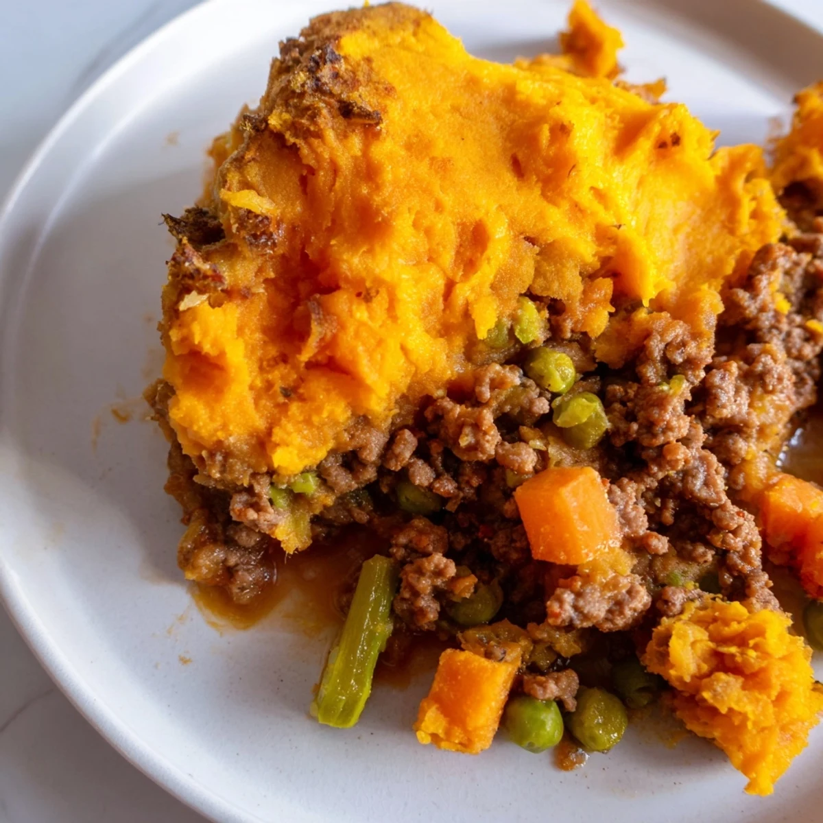A serving of Savory Sweet Potato Shepherds Pie with a hearty spoonful revealing peas, carrots, and savory gravy beneath the creamy topping.