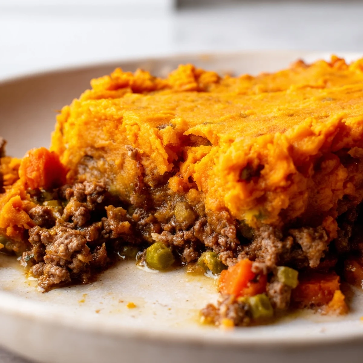 Crispy golden edges of Savory Sweet Potato Shepherds Pie in a white baking dish, paired with a fresh green salad for a cozy dinner.