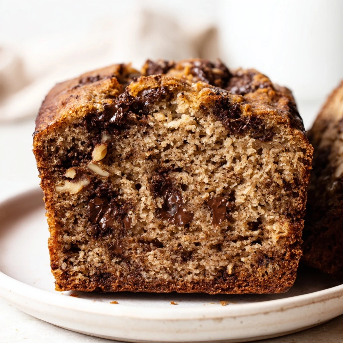 Golden-baked Chocolate Chip Banana Bread with Walnuts sits on a wooden board, ready for a cozy breakfast or snack.