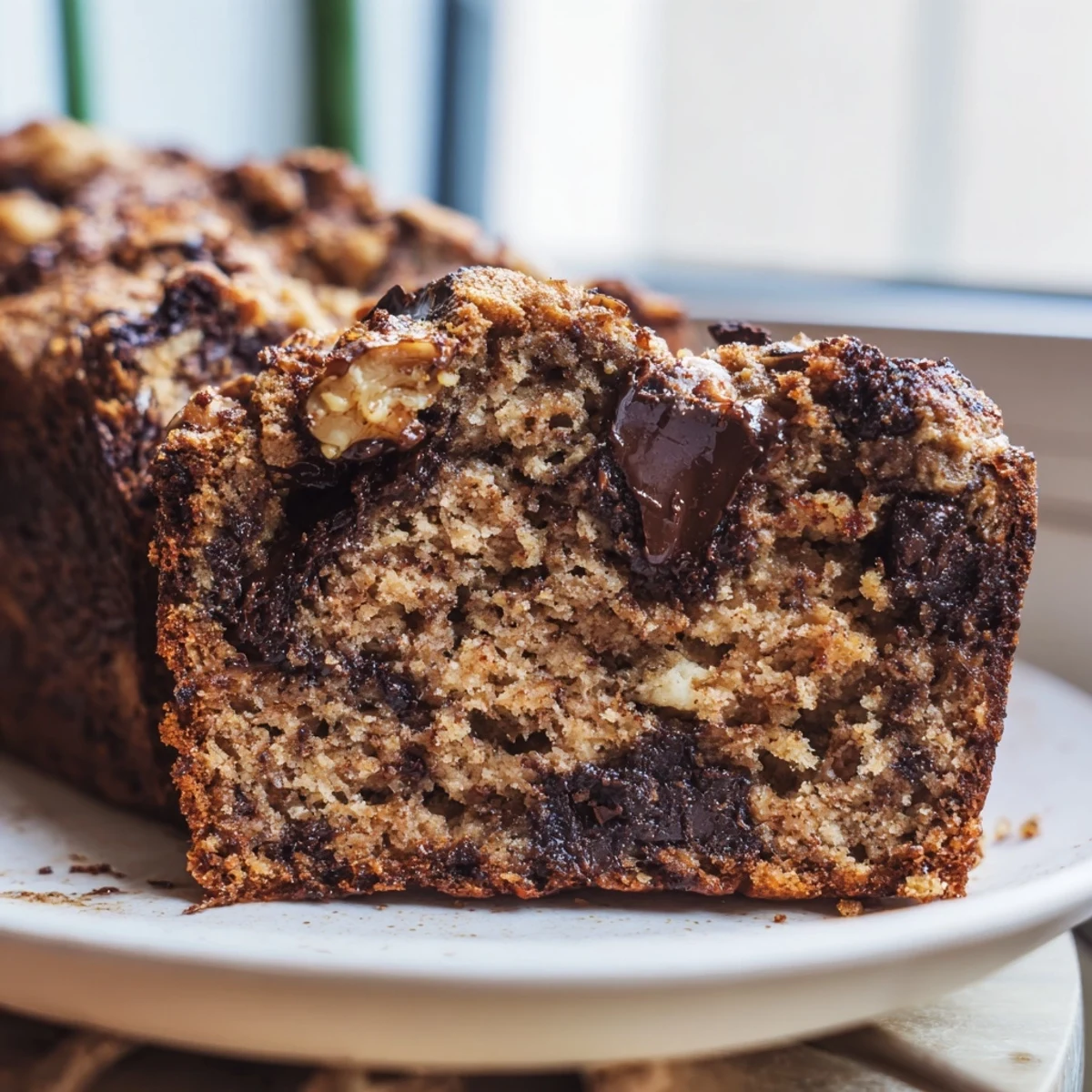A warm slice of moist Chocolate Chip Banana Bread with Walnuts, showcasing melty chocolate chips and crunchy nut pieces.