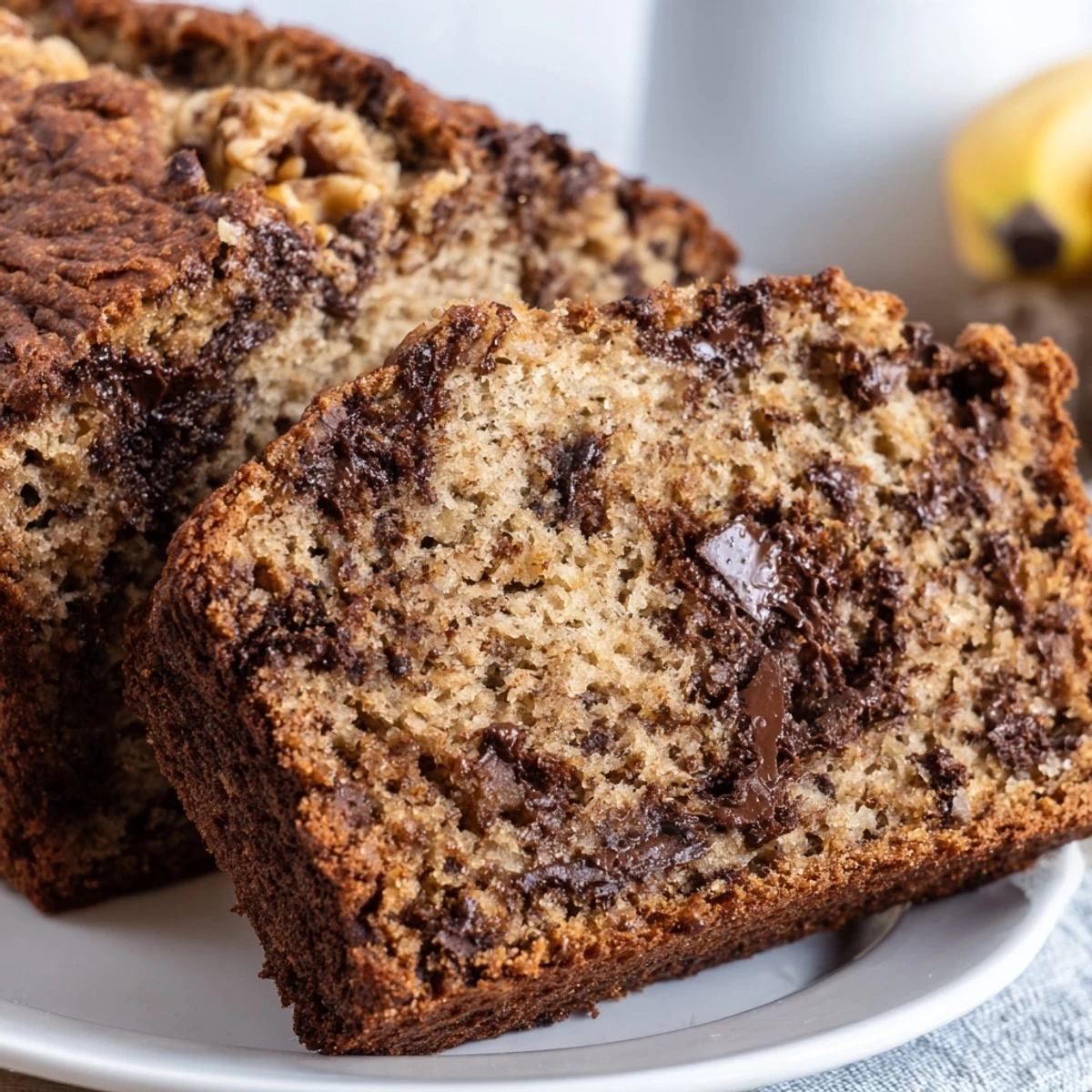 A close-up view of a freshly sliced loaf of Chocolate Chip Banana Bread with Walnuts, highlighting its moist crumb and rich chocolate chunks.