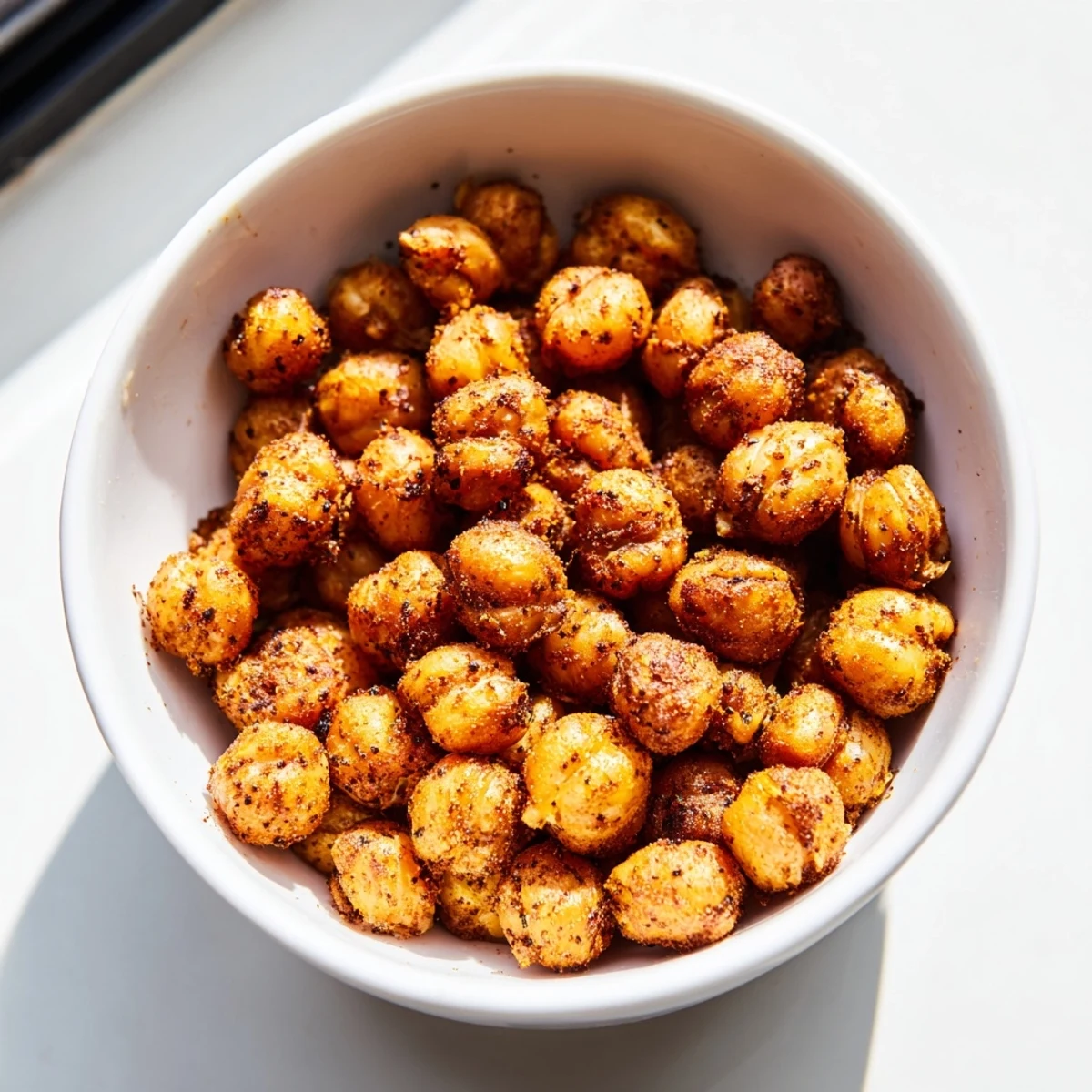 Warm, savory Crispy Air Fryer Chickpeas with Cumin sit in a bowl, ready for a quick, flavorful appetizer.