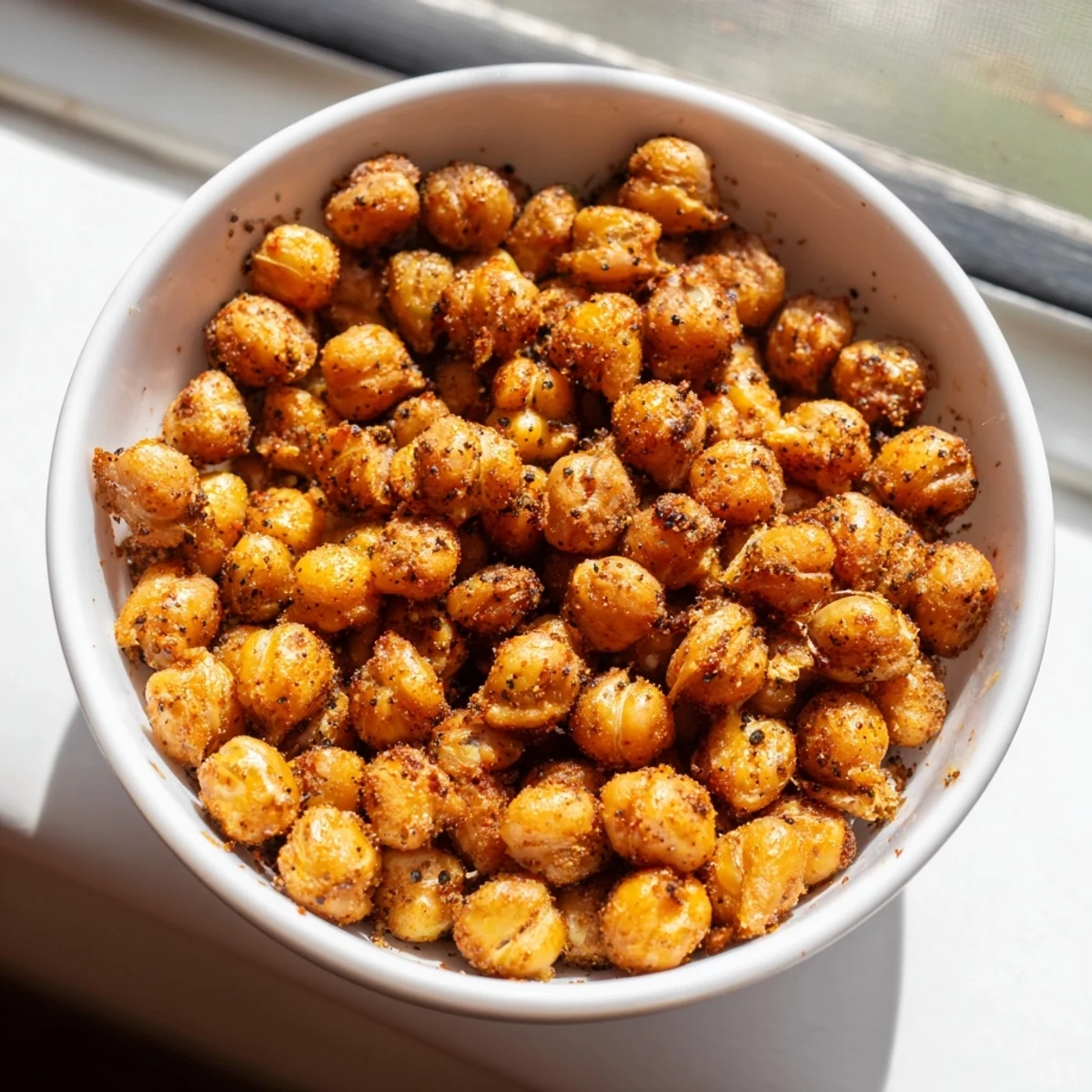A plate of Crispy Air Fryer Chickpeas with Cumin offers a golden, crunchy texture, ideal for dipping or snacking.