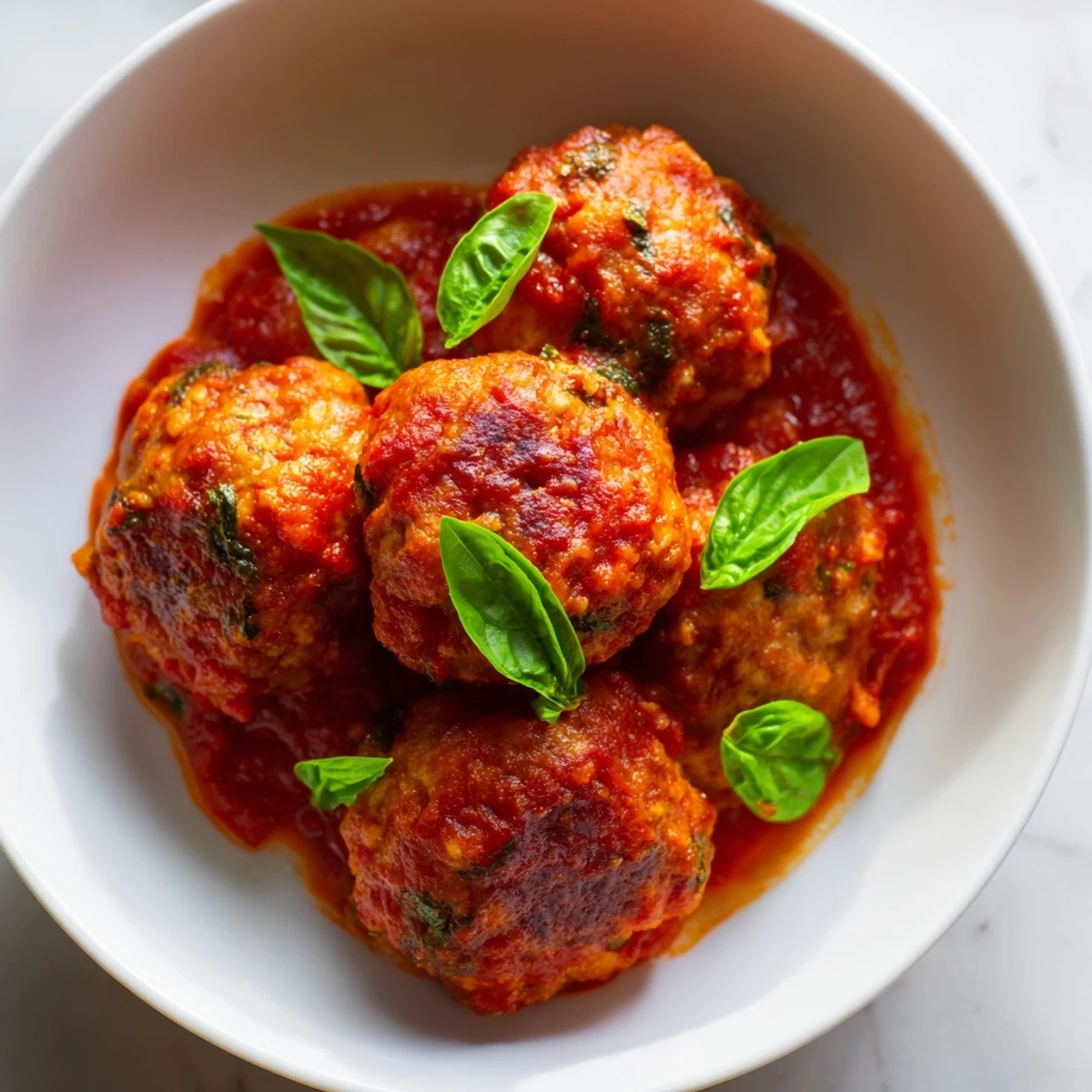 Baked turkey meatballs simmering in rich marinara sauce, ready to serve over spaghetti or with crusty bread.  