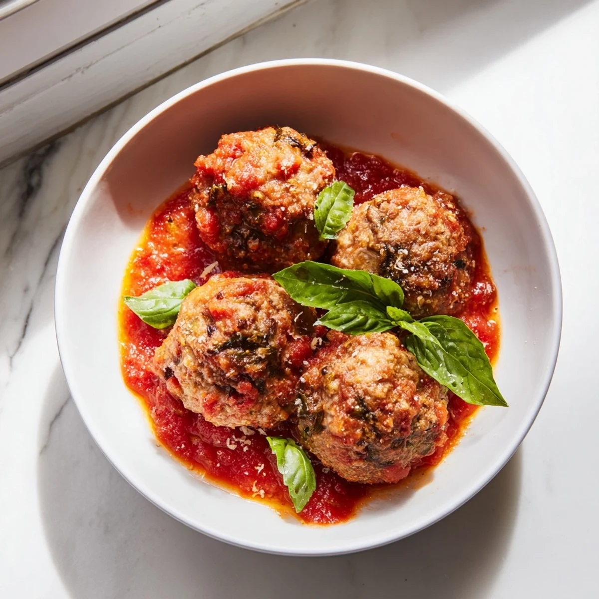 Juicy turkey meatballs in a simmering herby marinara sauce, garnished with fresh basil for Italian-American flavor.  