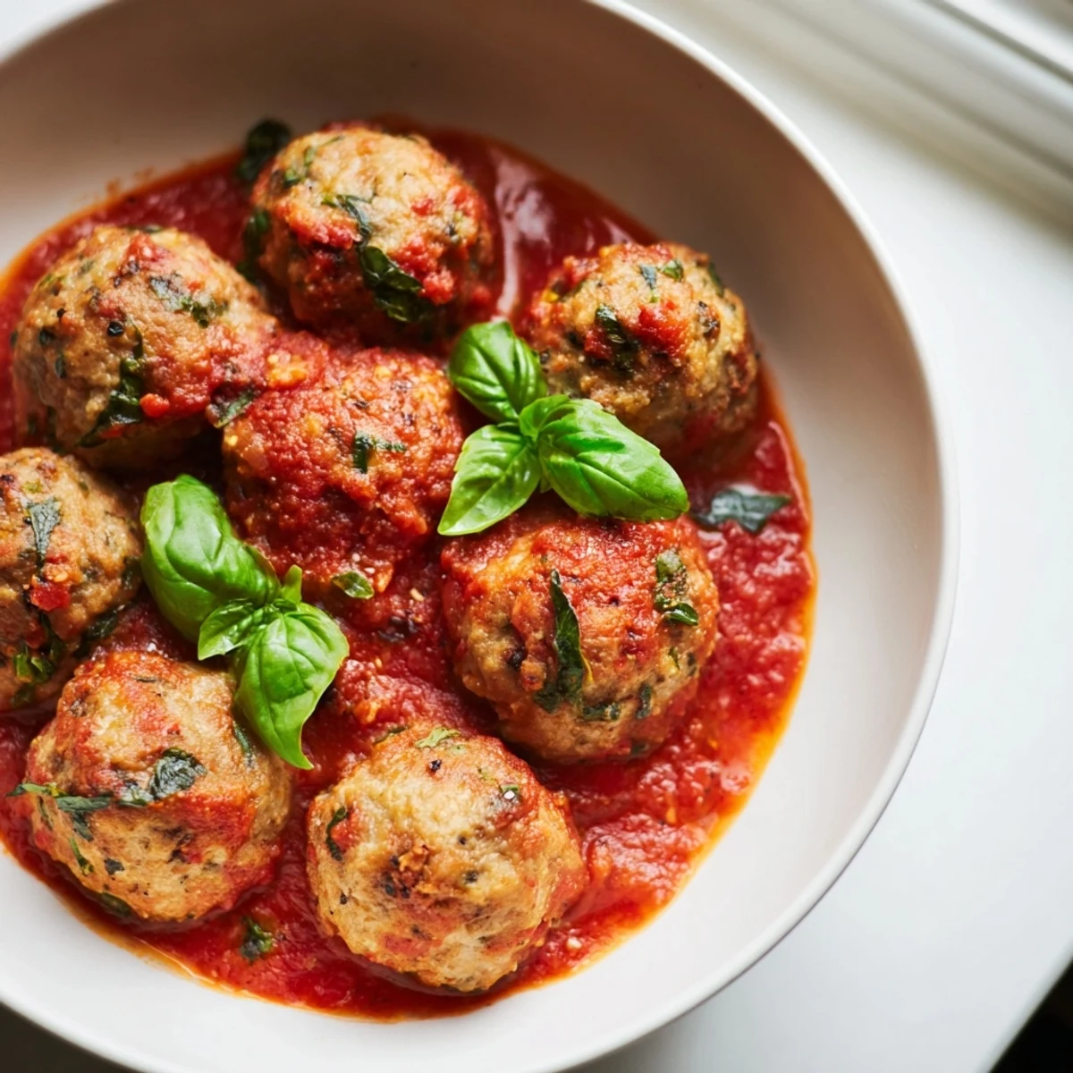 Tender turkey meatballs bathed in a savory marinara sauce, perfect for pasta dishes or hearty appetizers.