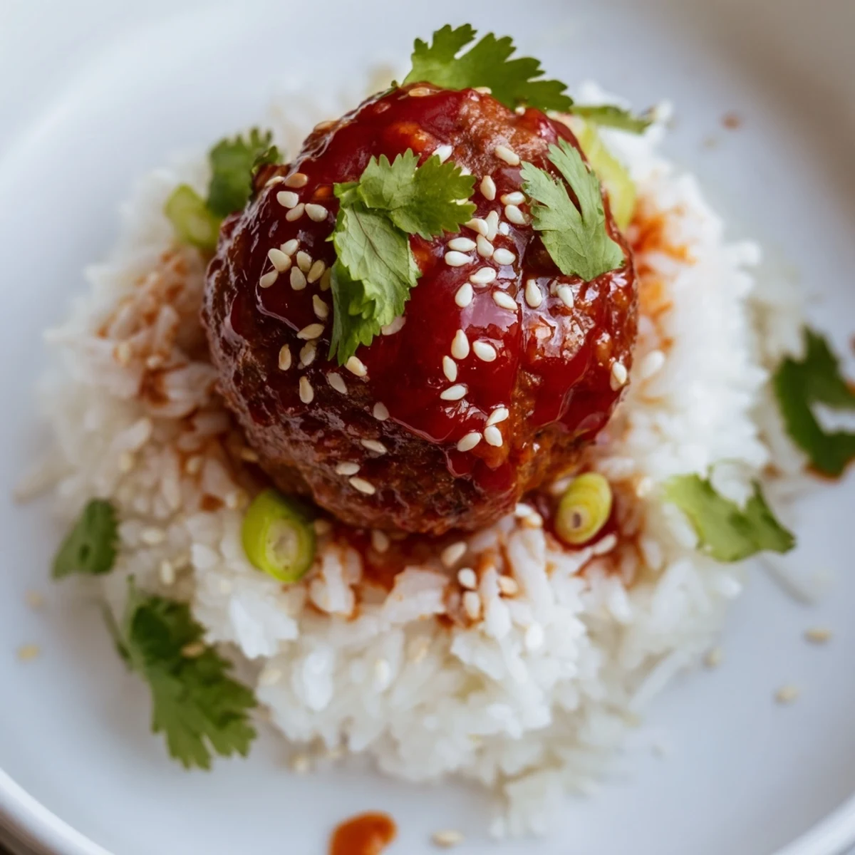 Savory Spicy Sriracha Beef Meatballs served family-style over white rice, drizzled with sticky sauce and sprinkled with sesame seeds.