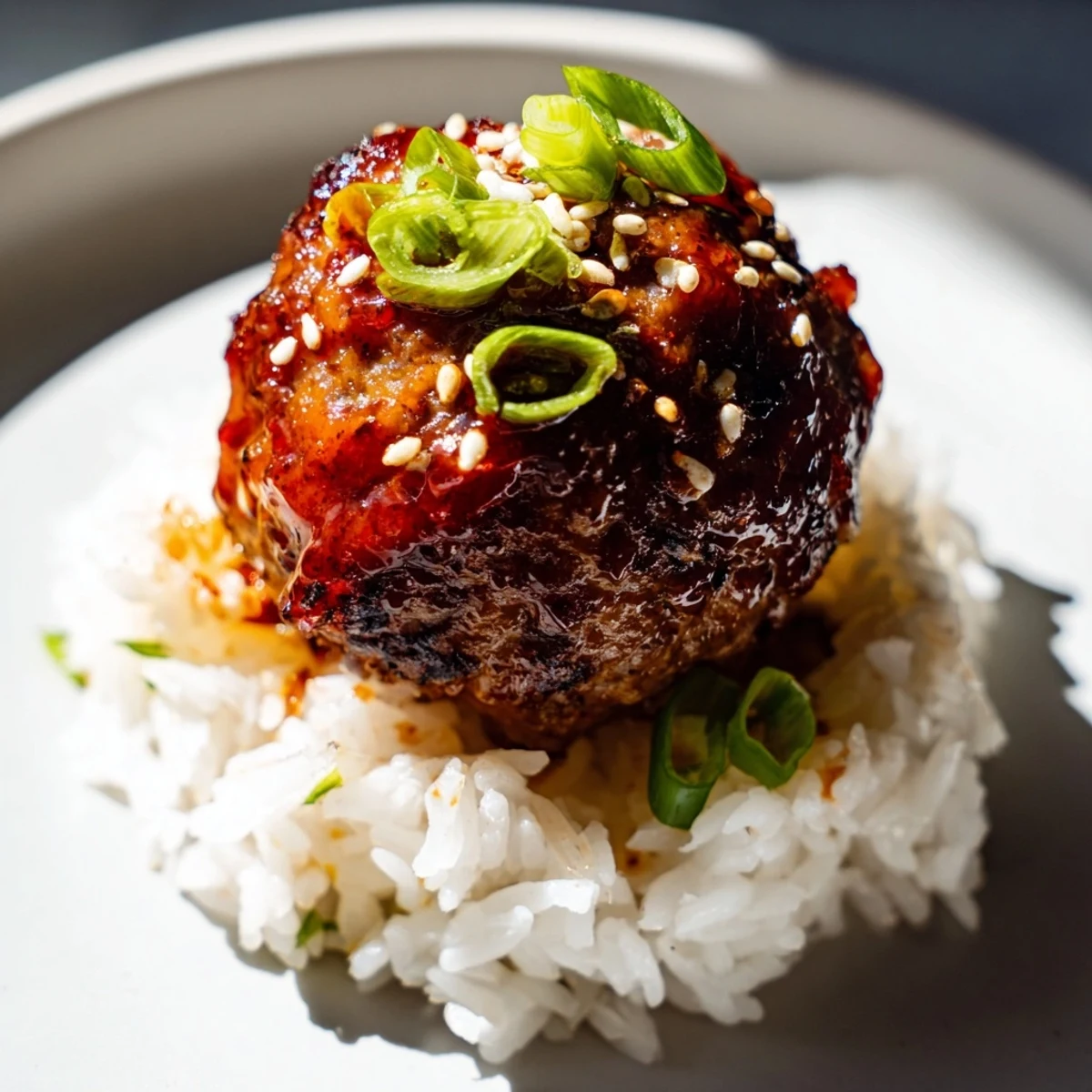 A close-up of glazed Spicy Sriracha Beef Meatballs piled on fluffy steamed rice, garnished with sesame seeds and green onions.  