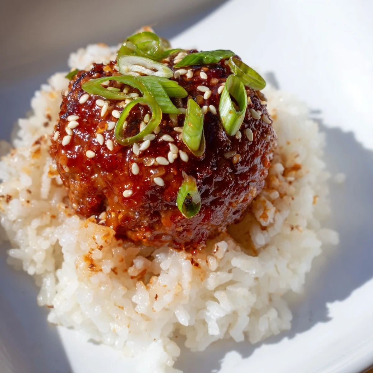 The vibrant red-orange glaze on Spicy Sriracha Beef Meatballs glistens next to steamed jasmine rice and fresh cilantro.  