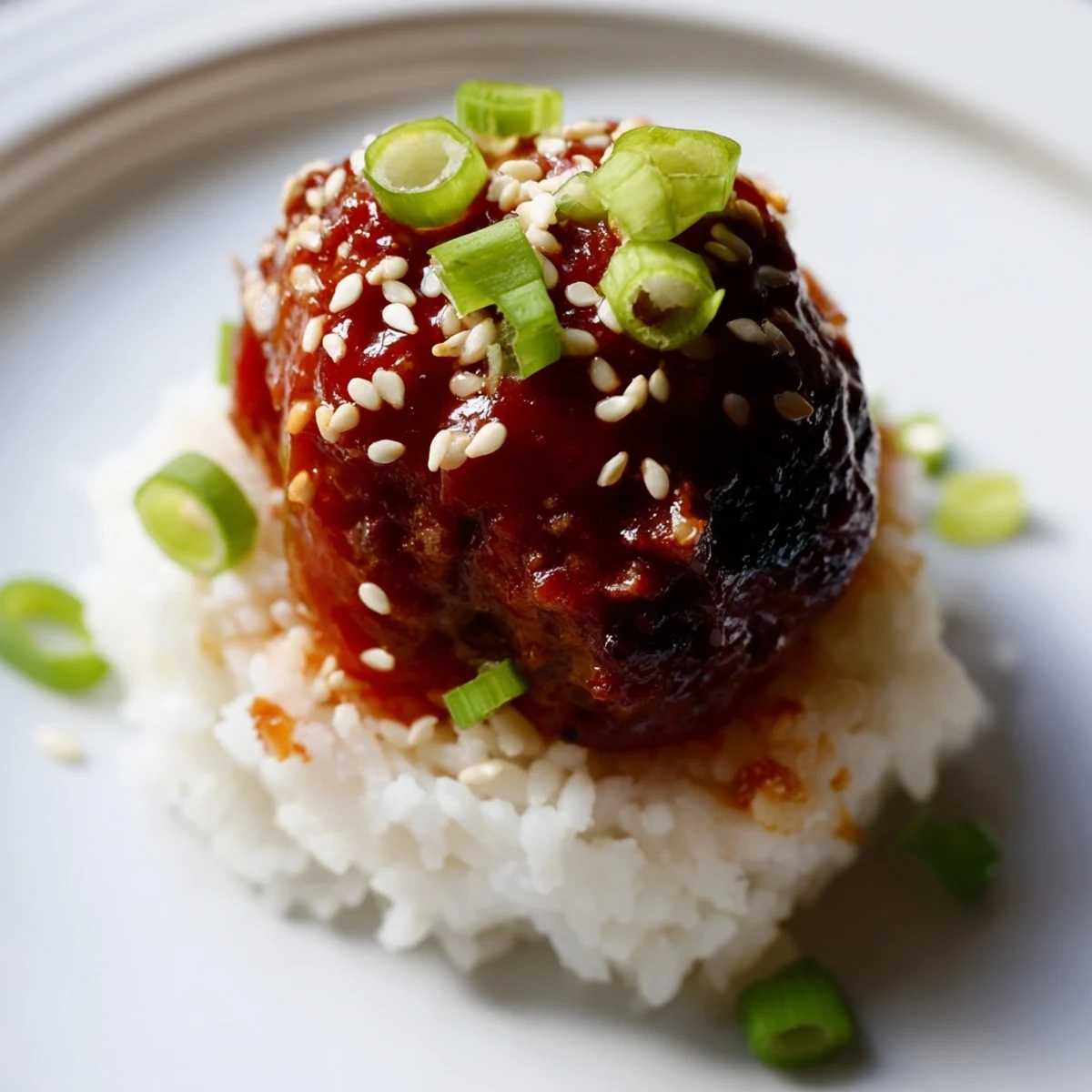 A serving plate features Spicy Sriracha Beef Meatballs over fluffy rice, garnished with toasted sesame seeds and scallions.
