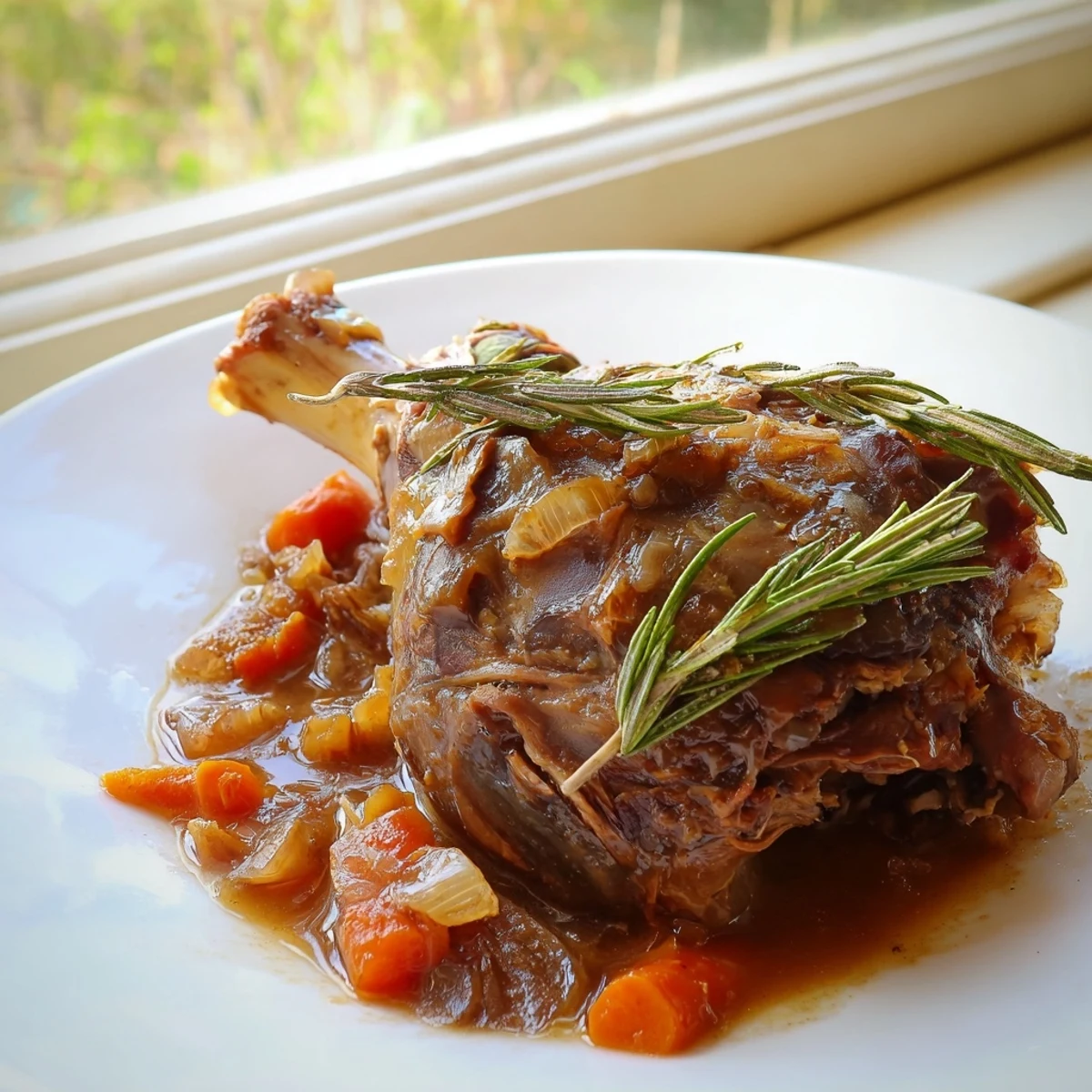 Slow Cooked Lamb Shanks glisten with rich rosemary gravy, served over creamy mashed potatoes for a cozy dinner.