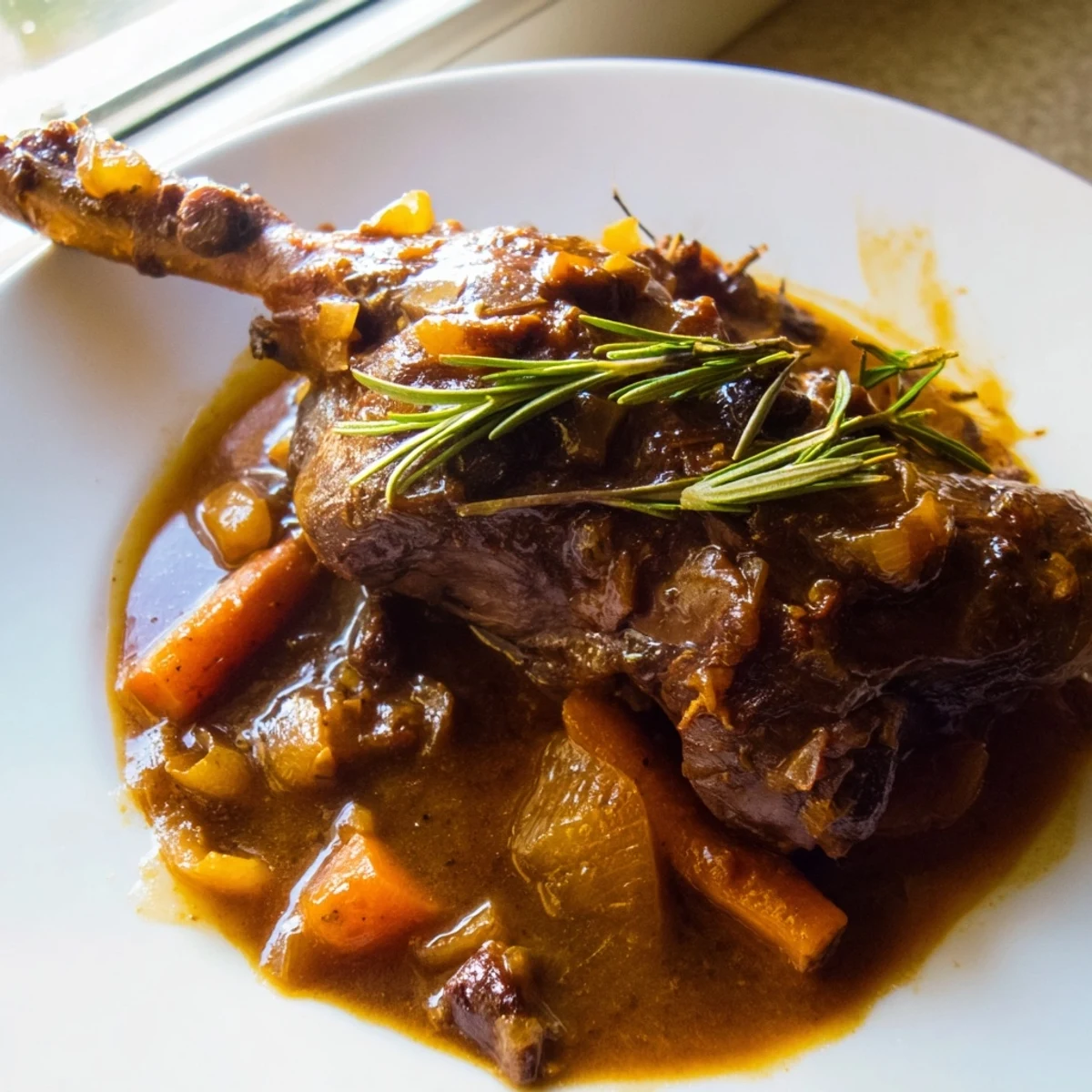 Platter of Slow Cooked Lamb Shanks with rosemary sprigs and ladle of savory gravy, ready for a rustic family meal.