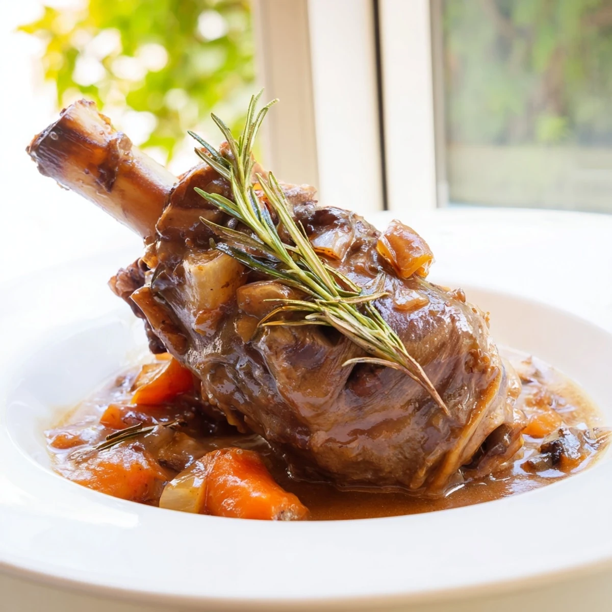 Tender Slow Cooked Lamb Shanks braised until fall-off-the-bone, surrounded by aromatic vegetables and a hearty red wine sauce.