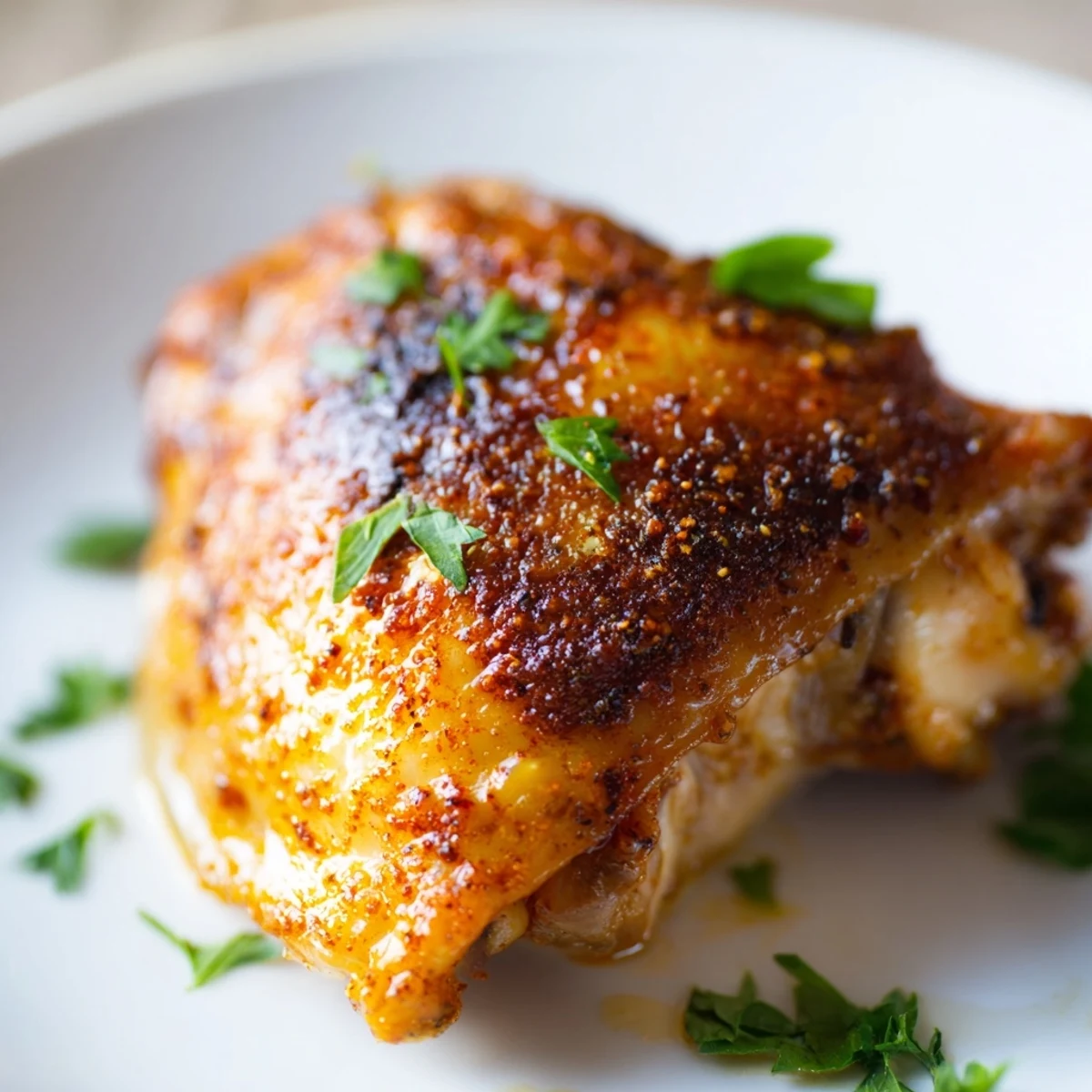 Cajun Spiced Roasted Chicken Thighs are presented with golden, crispy skin and fresh parsley garnish on a rustic wooden board.