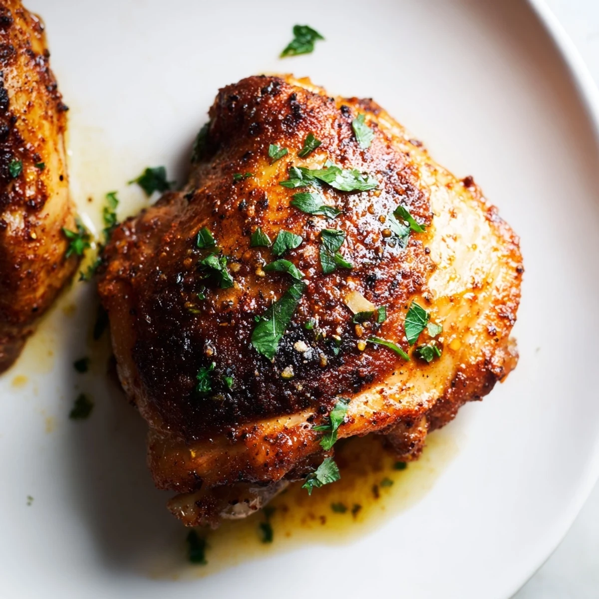 Golden-brown Cajun Spiced Roasted Chicken Thighs rest on a baking sheet, served with bright lemon wedges for a zesty finish.