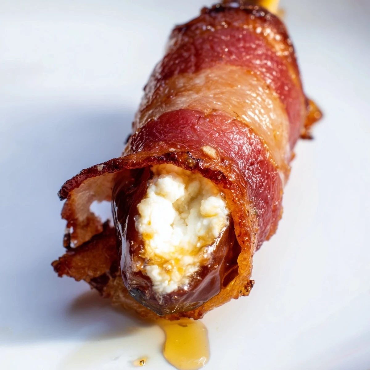 Golden beef bacon wrapped dates with goat cheese are baked until crisp, drizzled with honey, and garnished with fresh parsley for a warm appetizer.