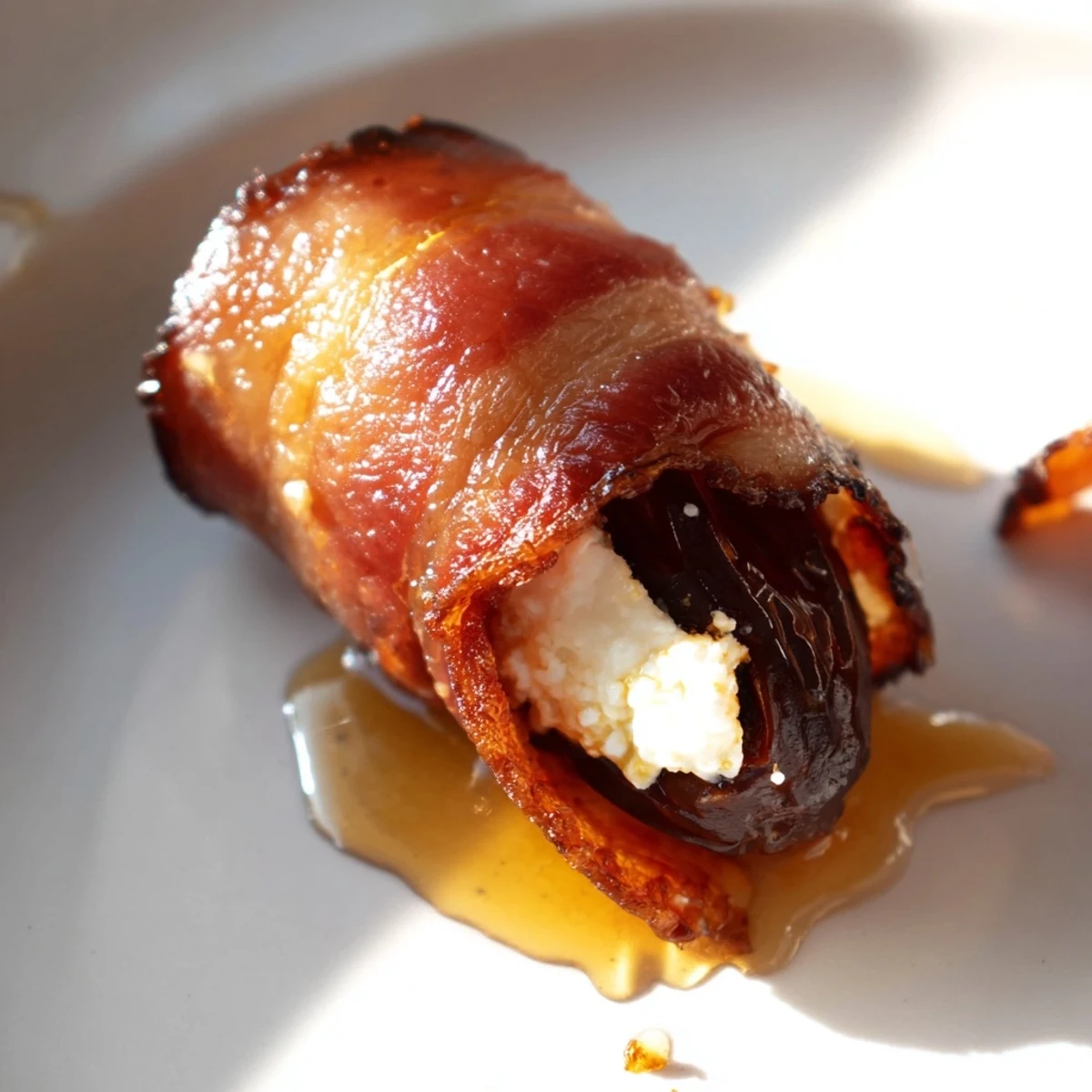 A serving of Crispy Beef Bacon Wrapped Dates with Goat Cheese on a platter highlights smoky bacon, soft goat cheese, and a hint of honey sweetness.
