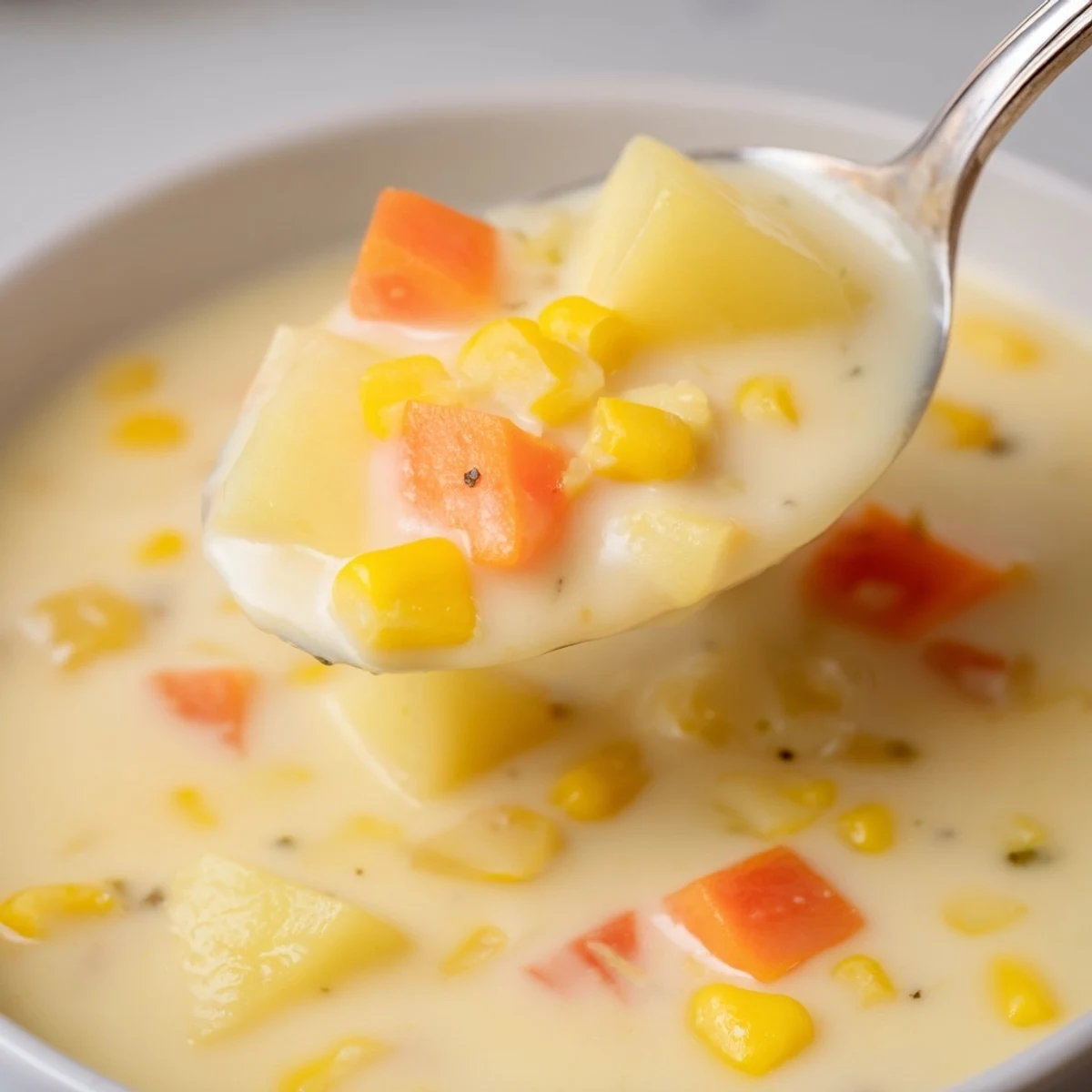 A bowl of creamy corn and potato chowder garnished with fresh chives, steam rising from its velvety surface.