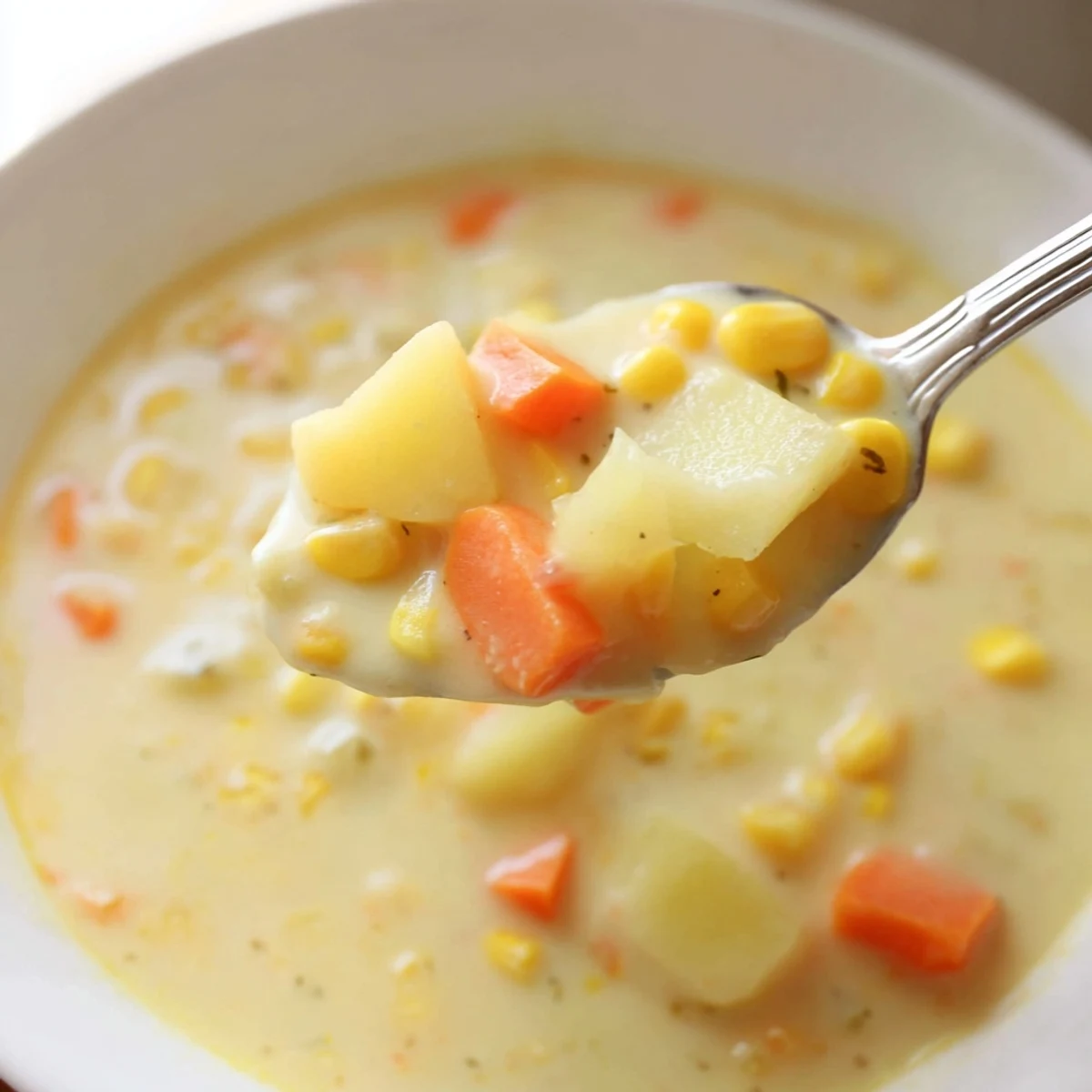 Rustic earthenware bowl filled with chunky, golden corn and potato chowder, ready for a cozy autumn dinner.