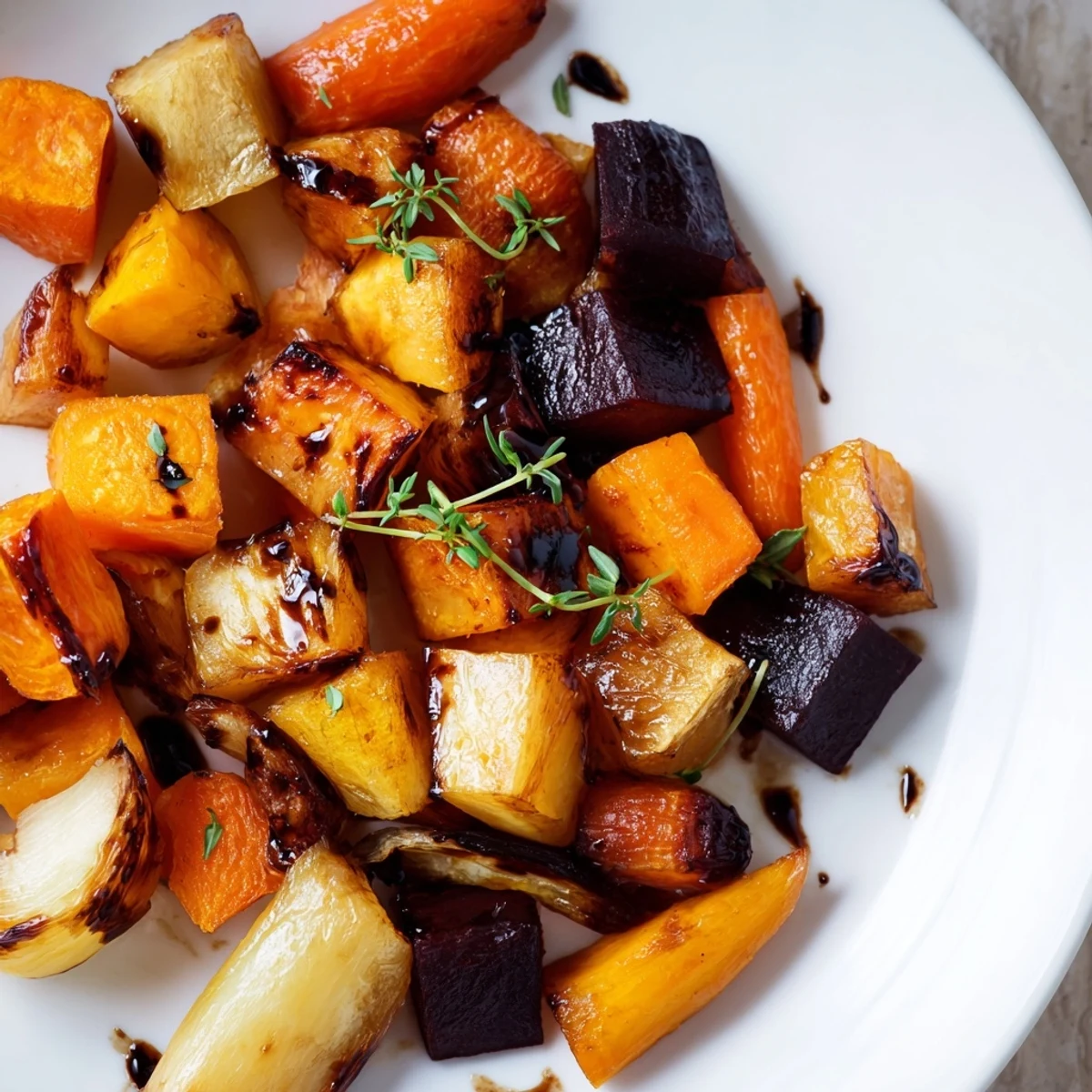 Roasted Root Vegetables with Balsamic celebrate caramelized carrots, parsnips, and beets on a platter.