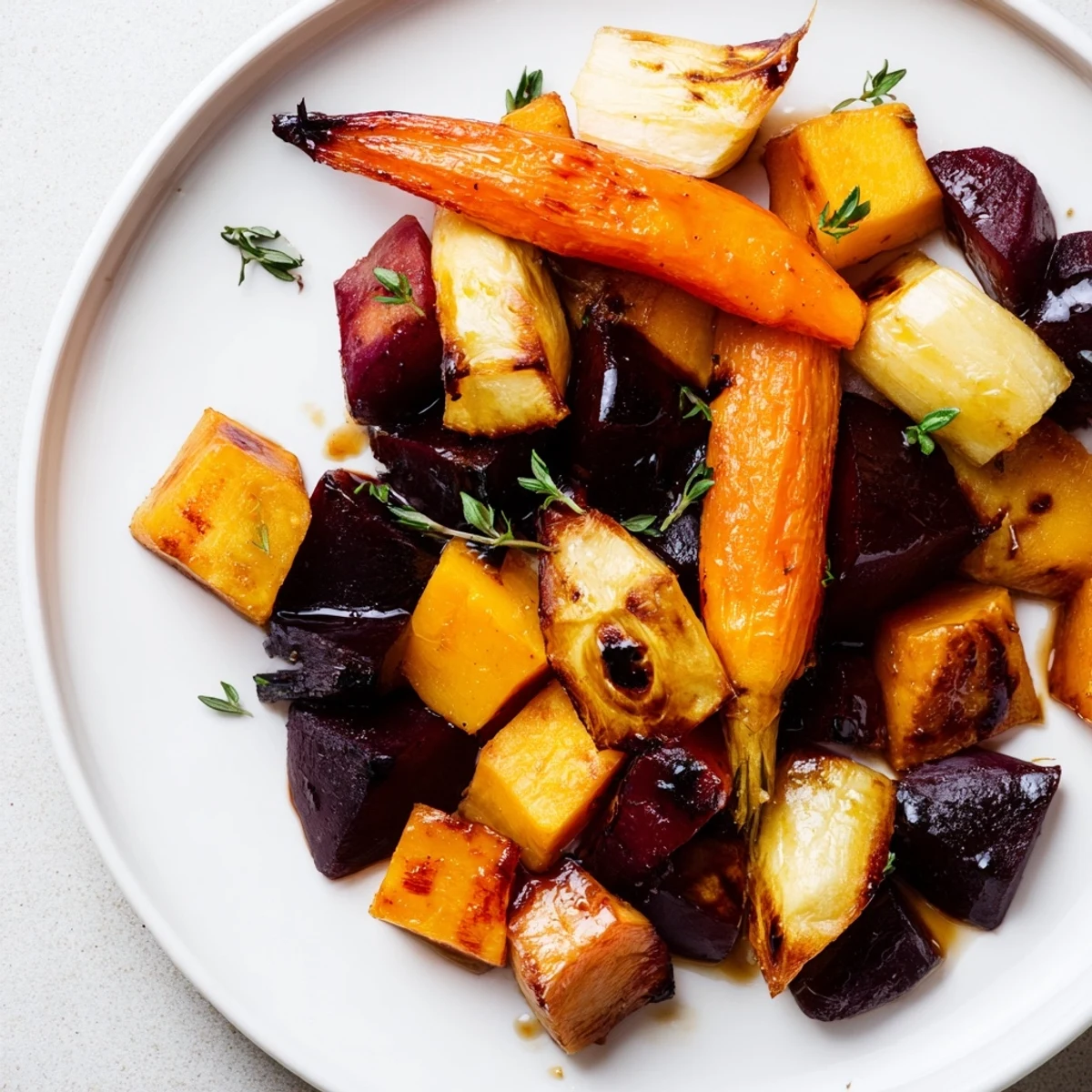 Golden roasted root vegetables glisten with balsamic glaze in this savory-sweet side dish.