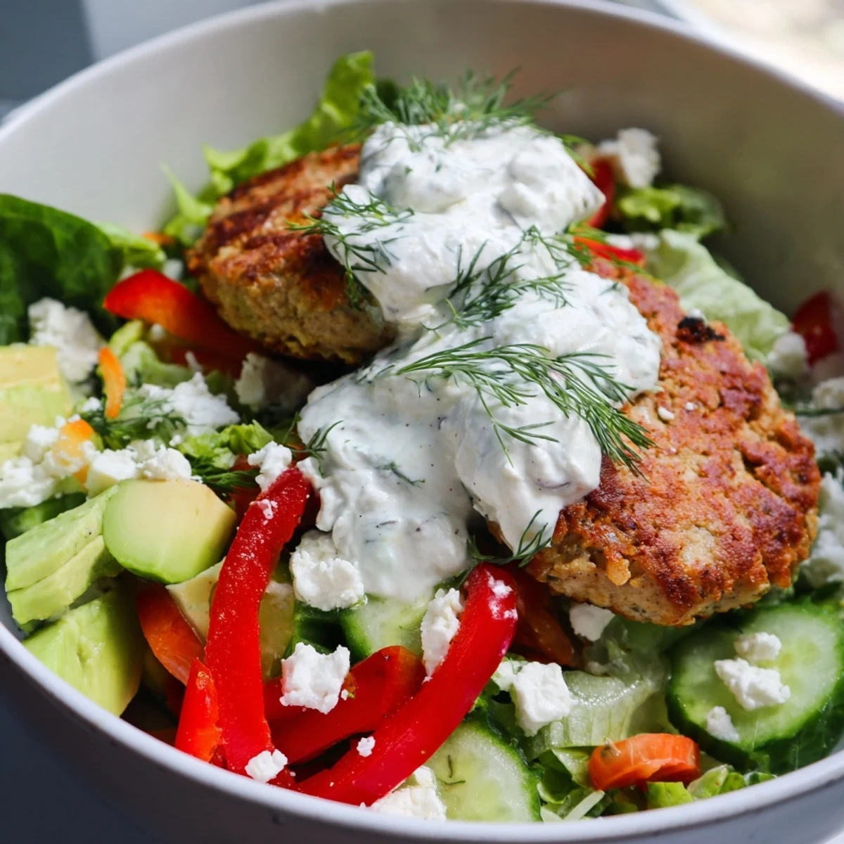 Juicy grilled turkey burger patties served over crisp salad greens with diced tomatoes, cucumber, and a creamy dill yogurt dressing.