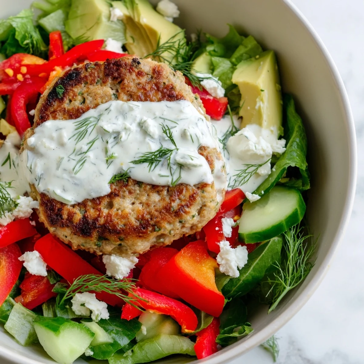 A close-up of sliced turkey burger resting on a colorful salad bowl with avocado, red bell pepper, and crumbled feta cheese.