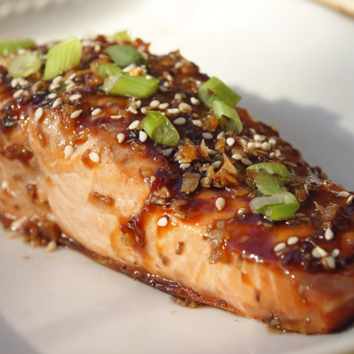 Flaky, oven-baked Baked Salmon with Teriyaki Glaze brushed with a thick, sticky sauce and topped with scallions for a quick, flavorful meal.
