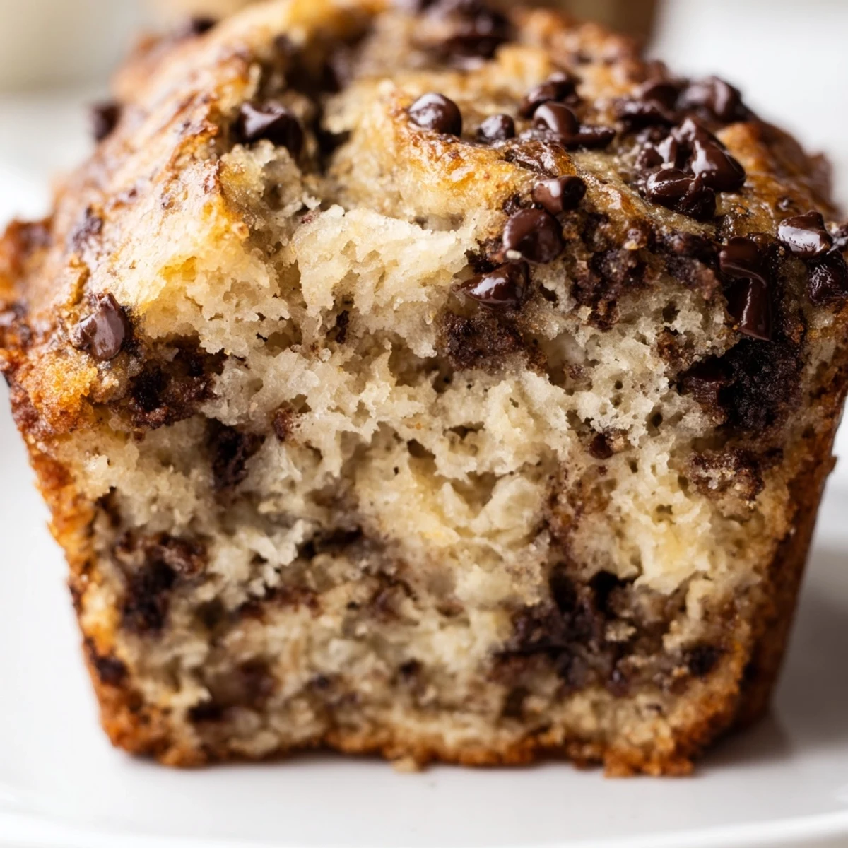 Freshly baked chocolate chip banana bread muffins with golden tops and visible chocolate chips on a wooden cooling rack.