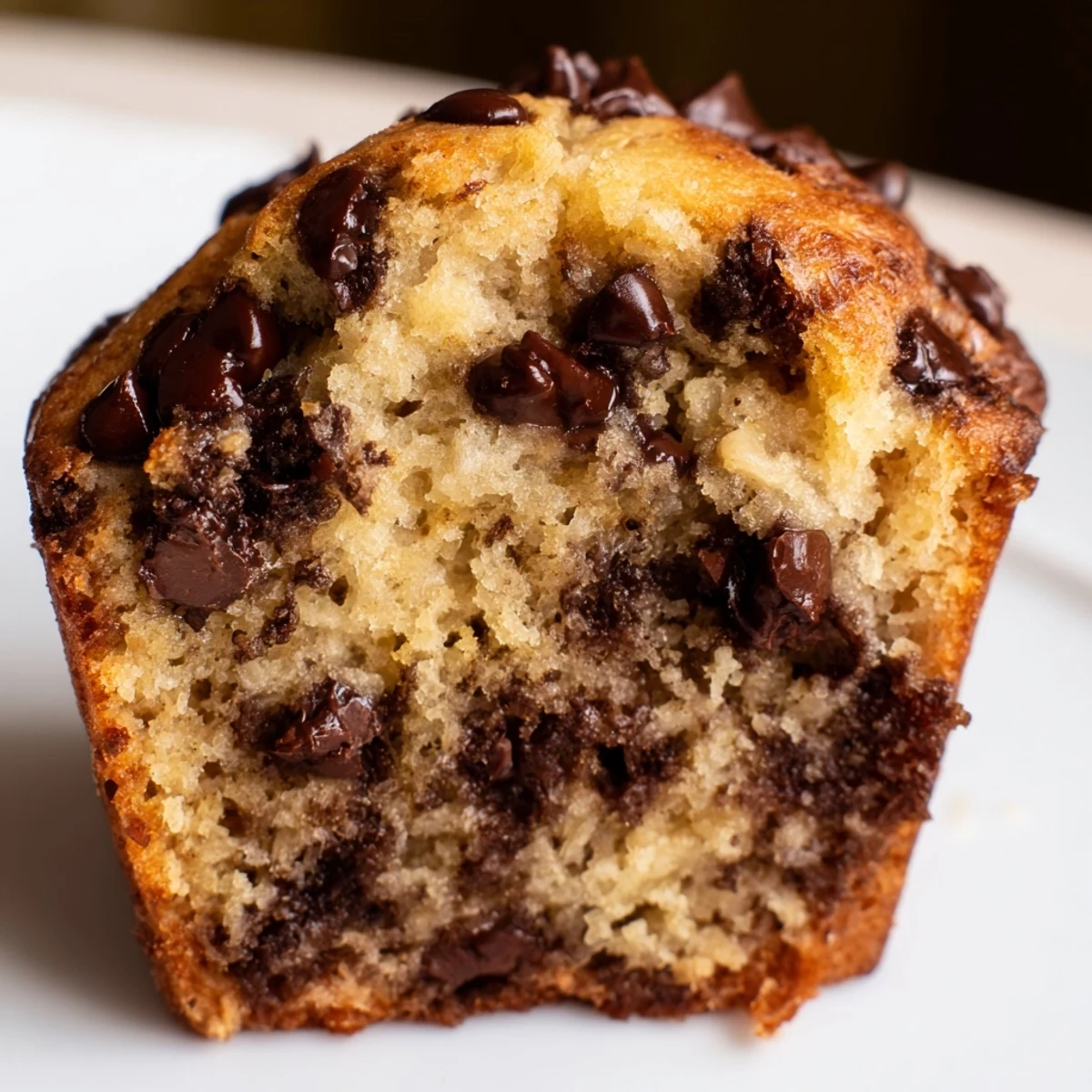 Warm chocolate chip banana bread muffins with a moist, tender crumb, served on a rustic plate for breakfast.