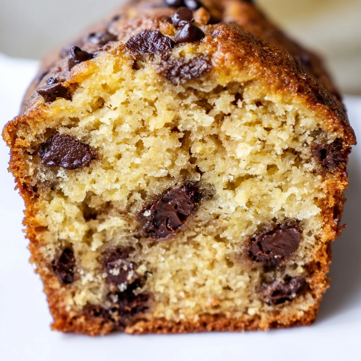 A platter of chocolate chip banana bread muffins with ripe banana specks and melty chocolate chips on top.