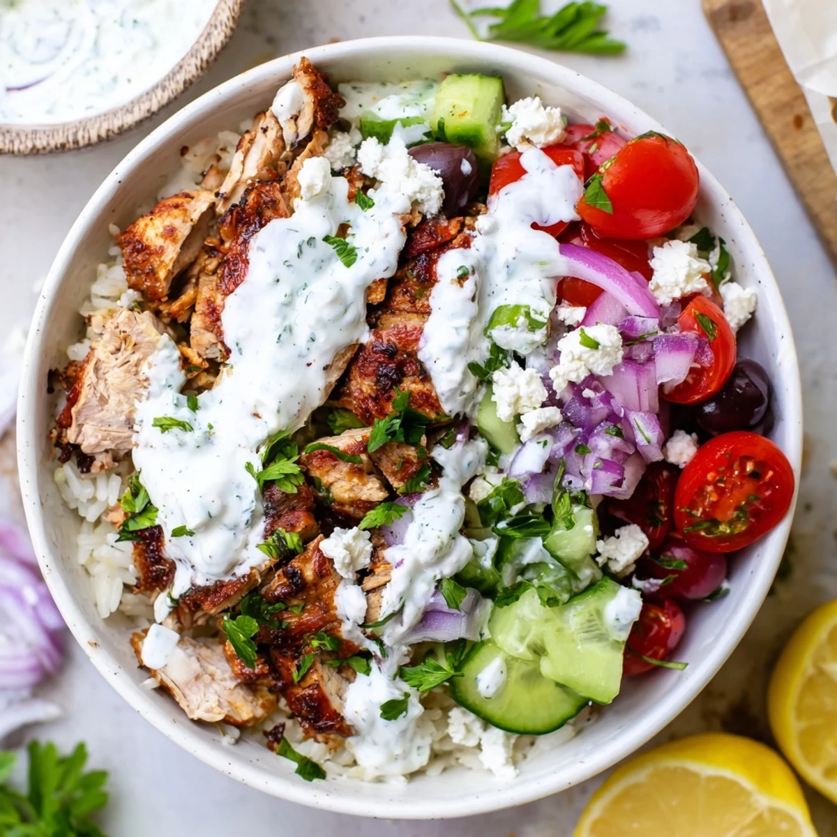 A vibrant bowl of Greek Chicken Gyro Bowls with Tzatziki features tender sliced chicken, fluffy rice, and colorful vegetables like tomatoes and olives.