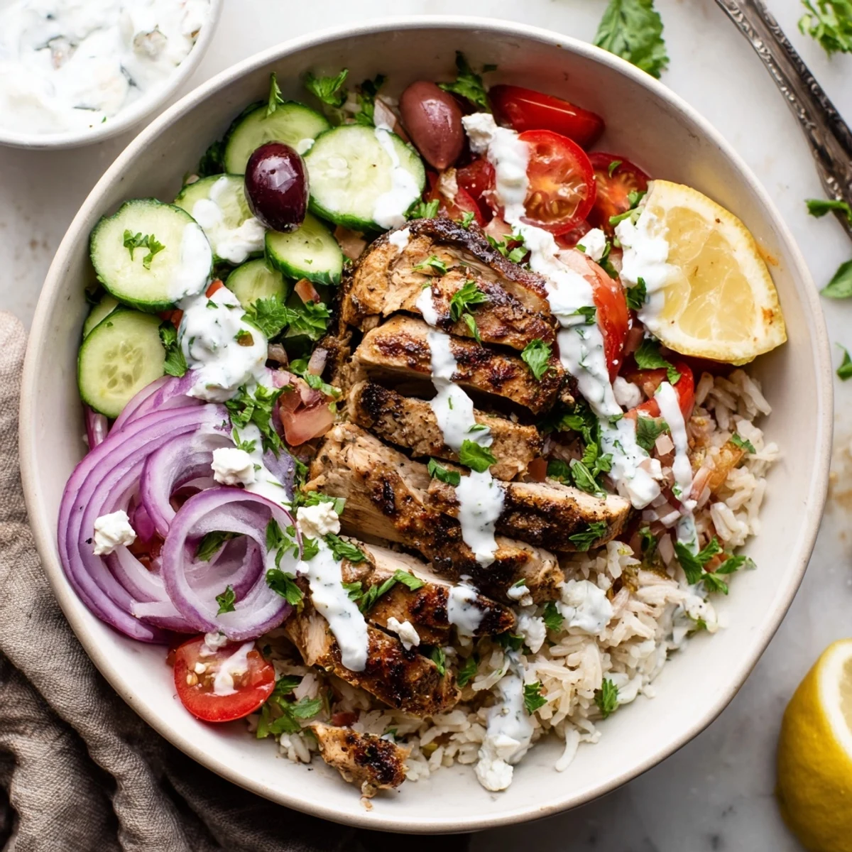 Freshly prepared Greek Chicken Gyro Bowls with Tzatziki showcase marinated chicken, crumbled feta, and herbs beside warm lemon wedges for serving.