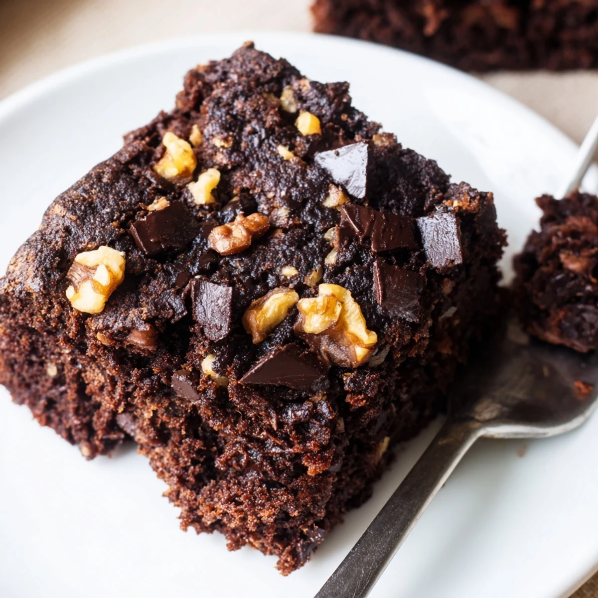 A close-up of a moist, dark chocolate brownie square with toasted almond flour and melted chocolate chips.  