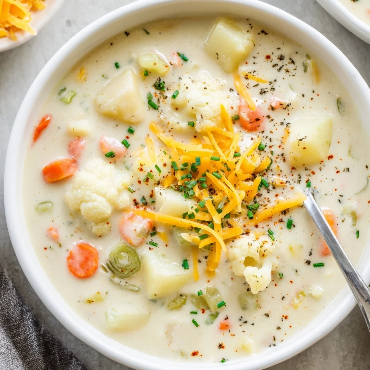 Steaming bowl of creamy cauliflower cheddar chowder, garnished with fresh chives and extra shredded cheese.  