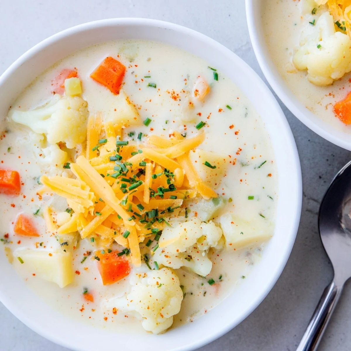 Velvety homemade cauliflower chowder with melted sharp cheddar, served hot in a rustic ceramic bowl.  